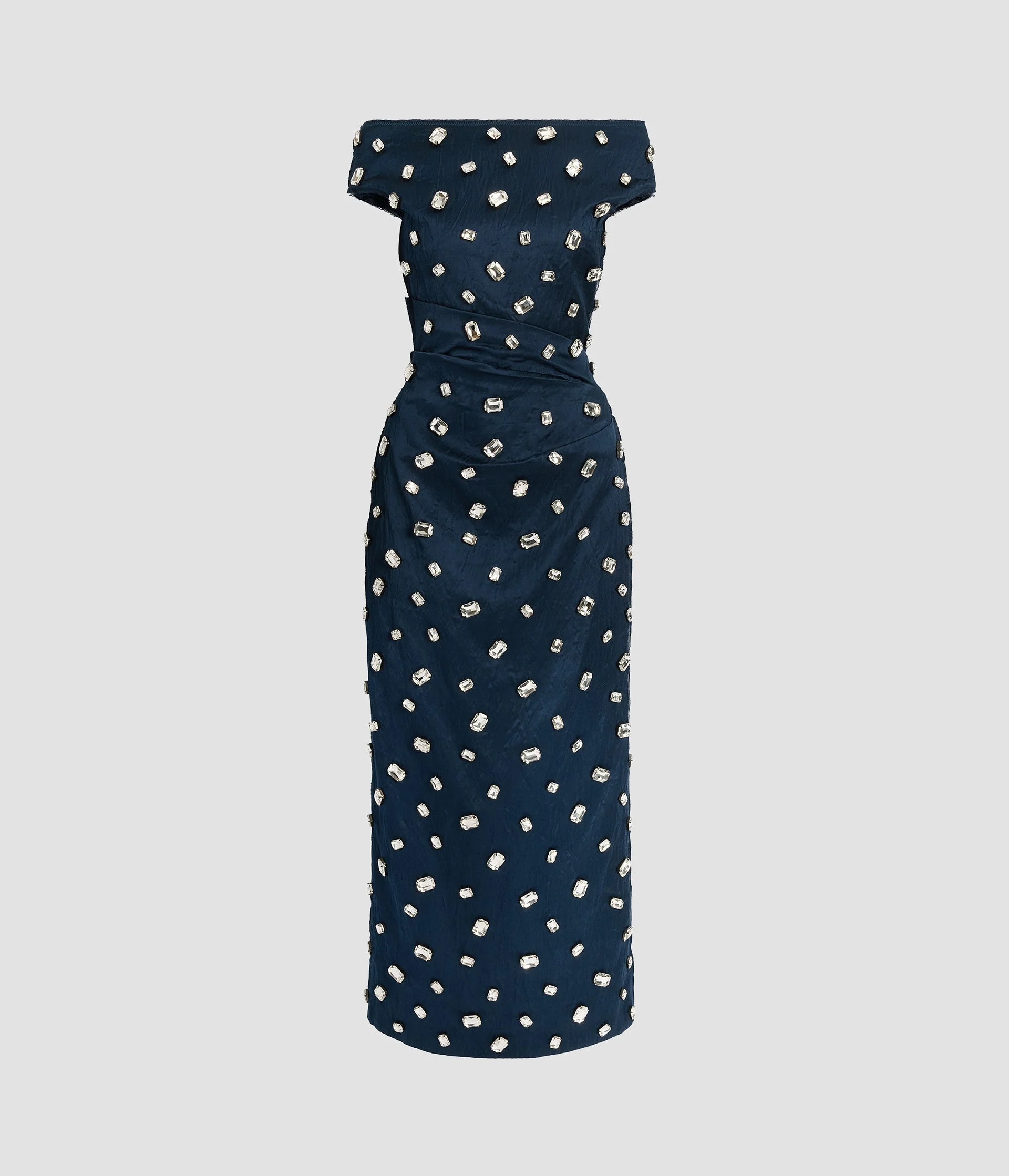 EMBROIDERED TEXTURED SATIN MIDI PENCIL DRESS - 1