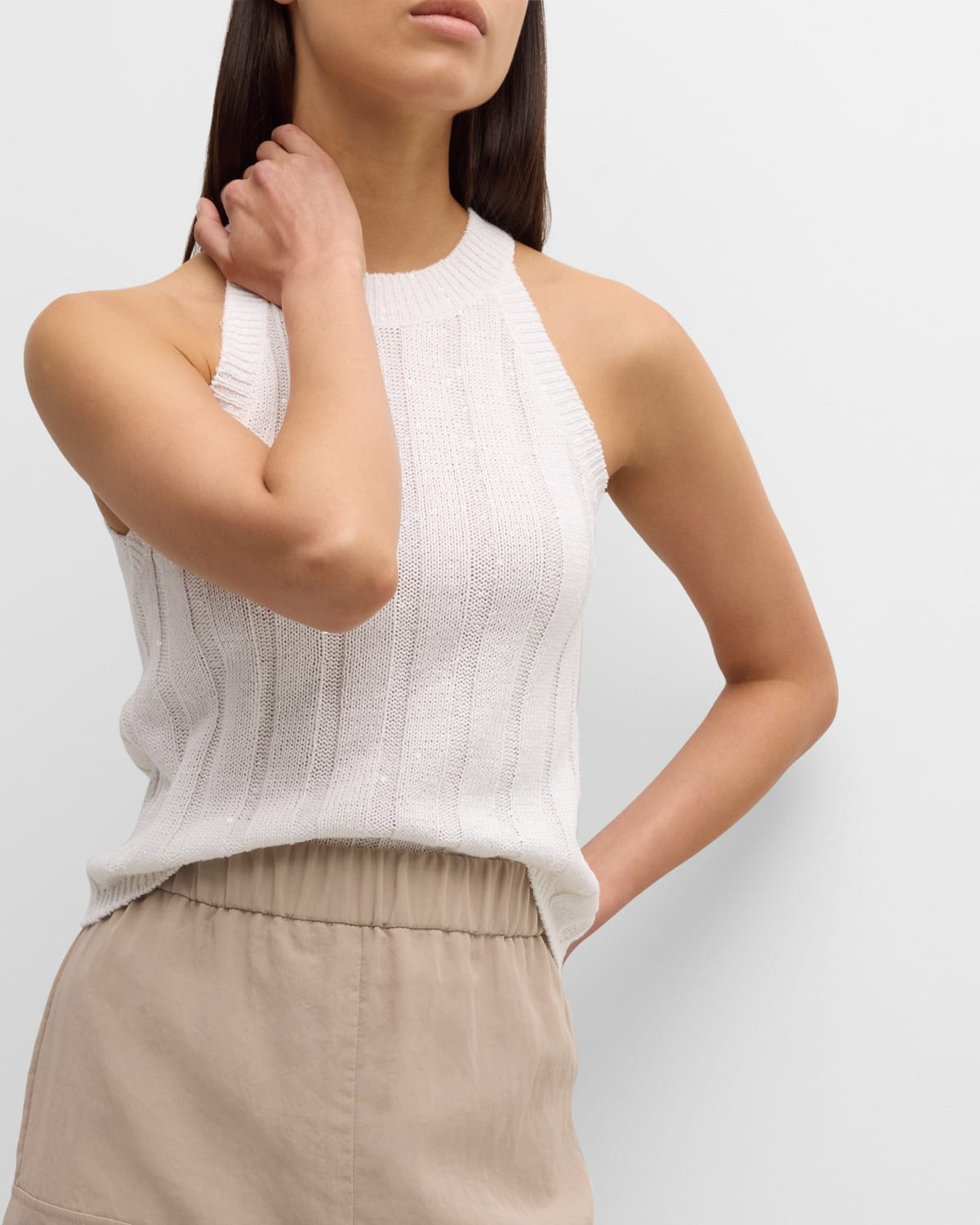 Paillette Ribbed Cut-In Shoulder Tank Top - 8