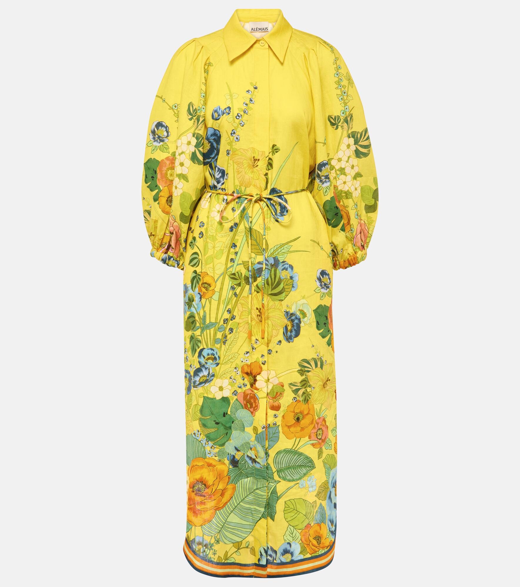 ALÉMAIS Floral puff-sleeve linen midi dress | mytheresa