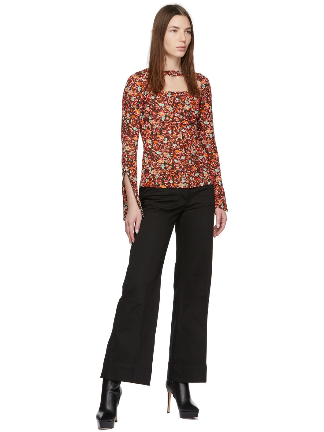 Brown Floral Cut-Out Blouse - 4