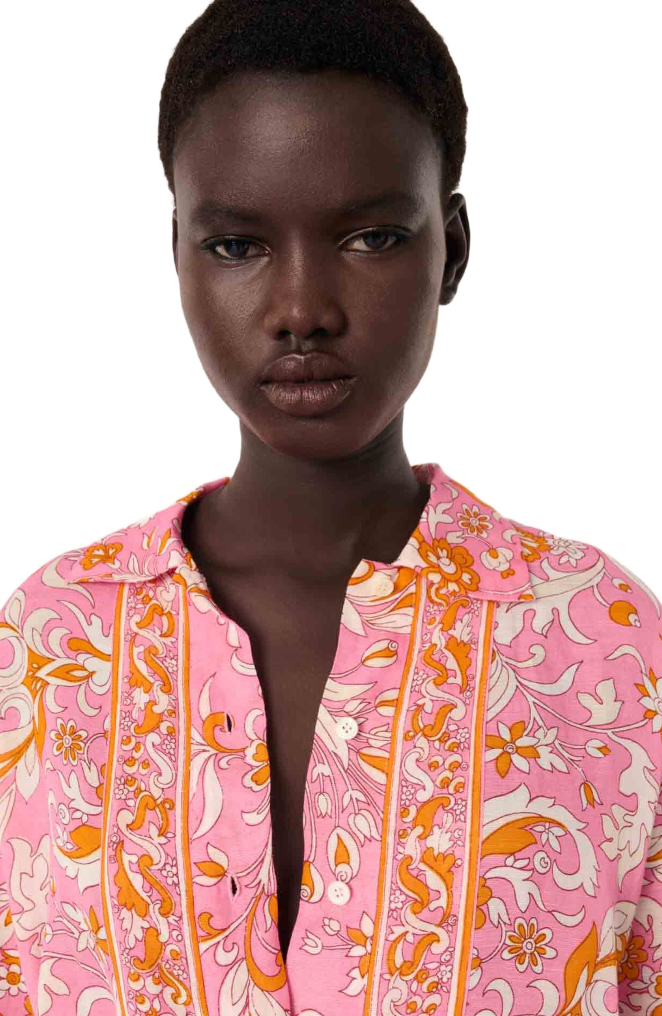 maje Patterned flowing linen shirt in Orange Pink Flowers Print at Nordstrom - 7