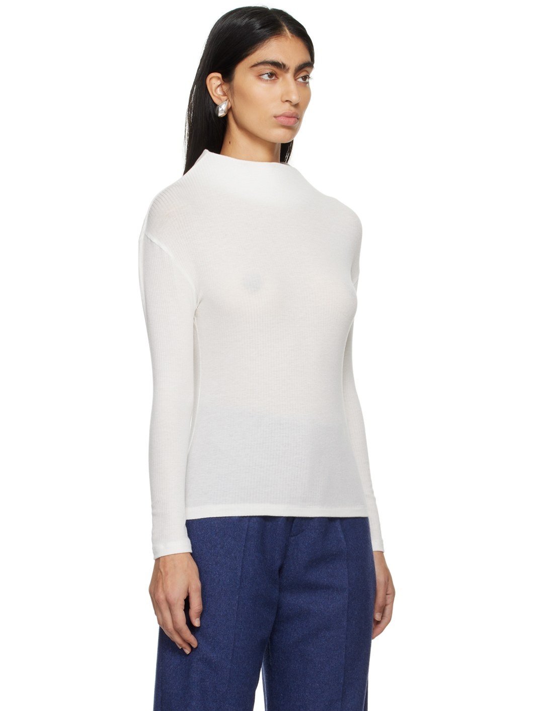 White Structured Collar Long Sleeve T-Shirt - 4