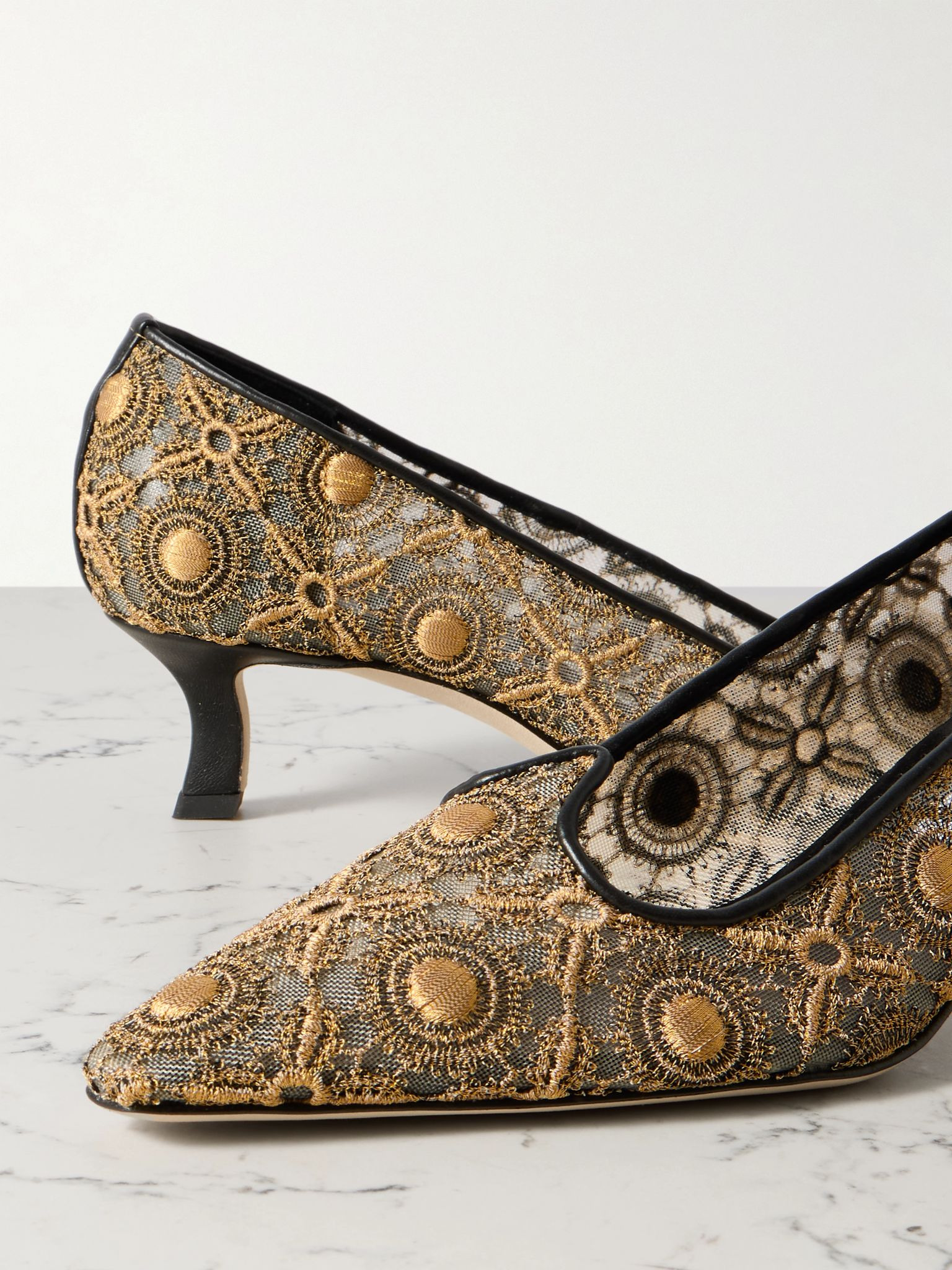 Euridi 50 leather-trimmed lace and mesh pumps Gold - 4