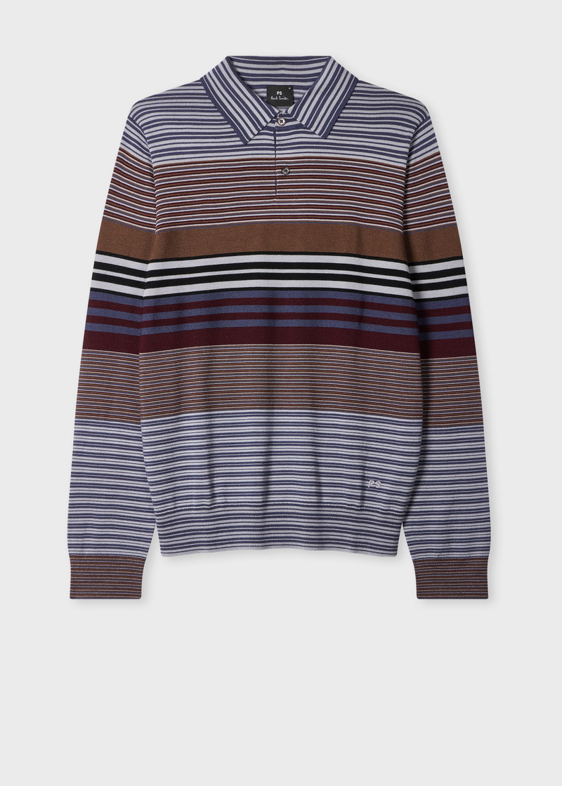 Purple Merino Wool Stripe Long-Sleeve Polo Shirt 1