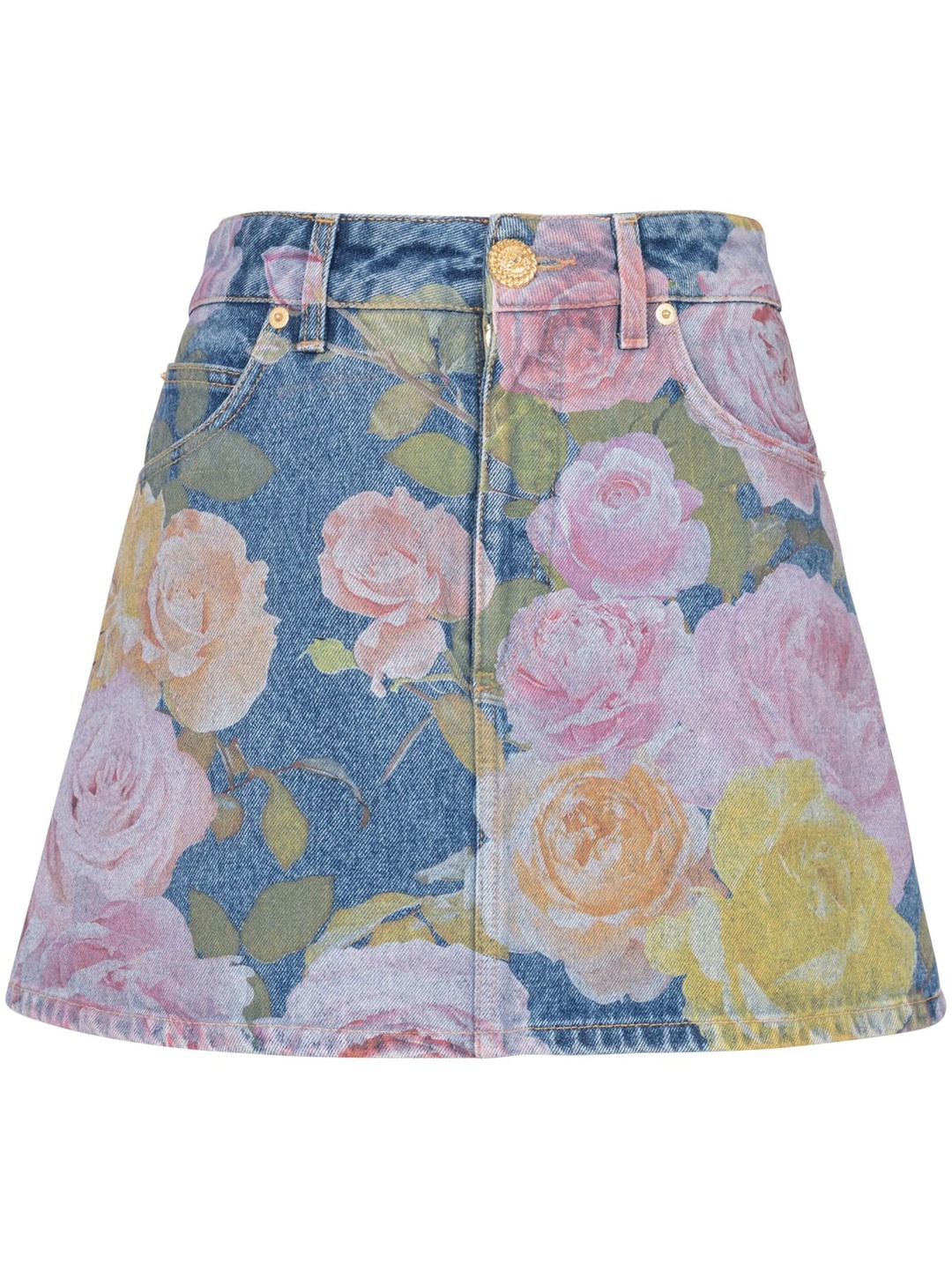 Pastel Roses Print Denim Mini Skirt - 1