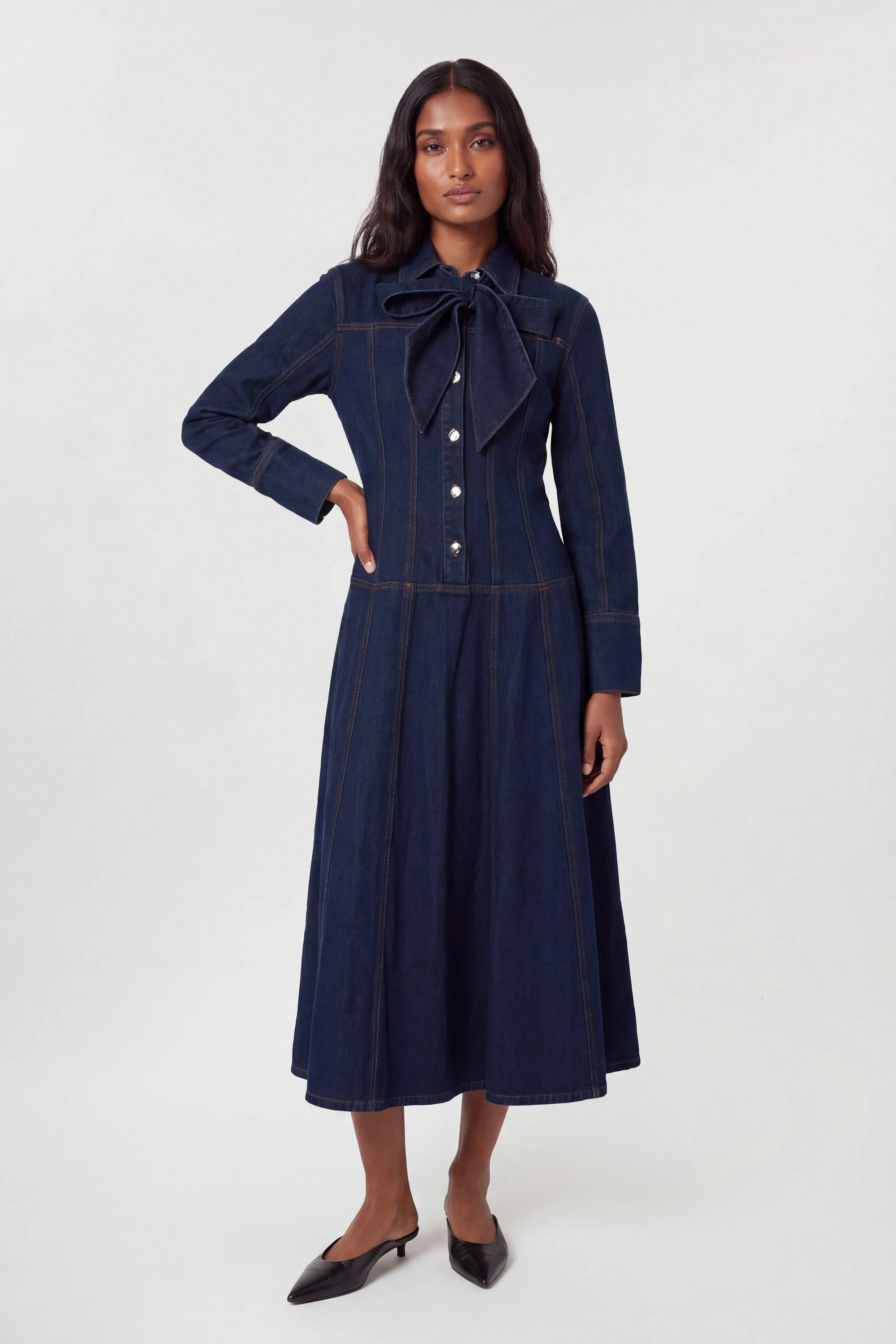Denim Pussybow Button Down Midi Dress - 1