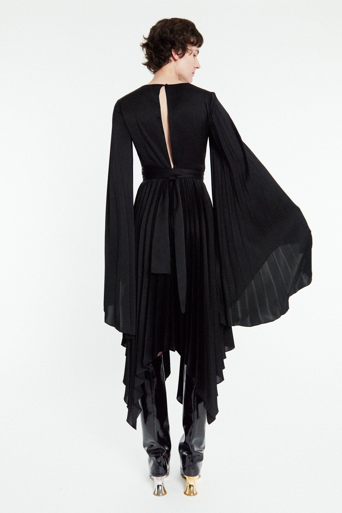 WRAP AROUND MIDI DRESS WITH PLEATED SKIRT & SLEEVES BLACK - 4