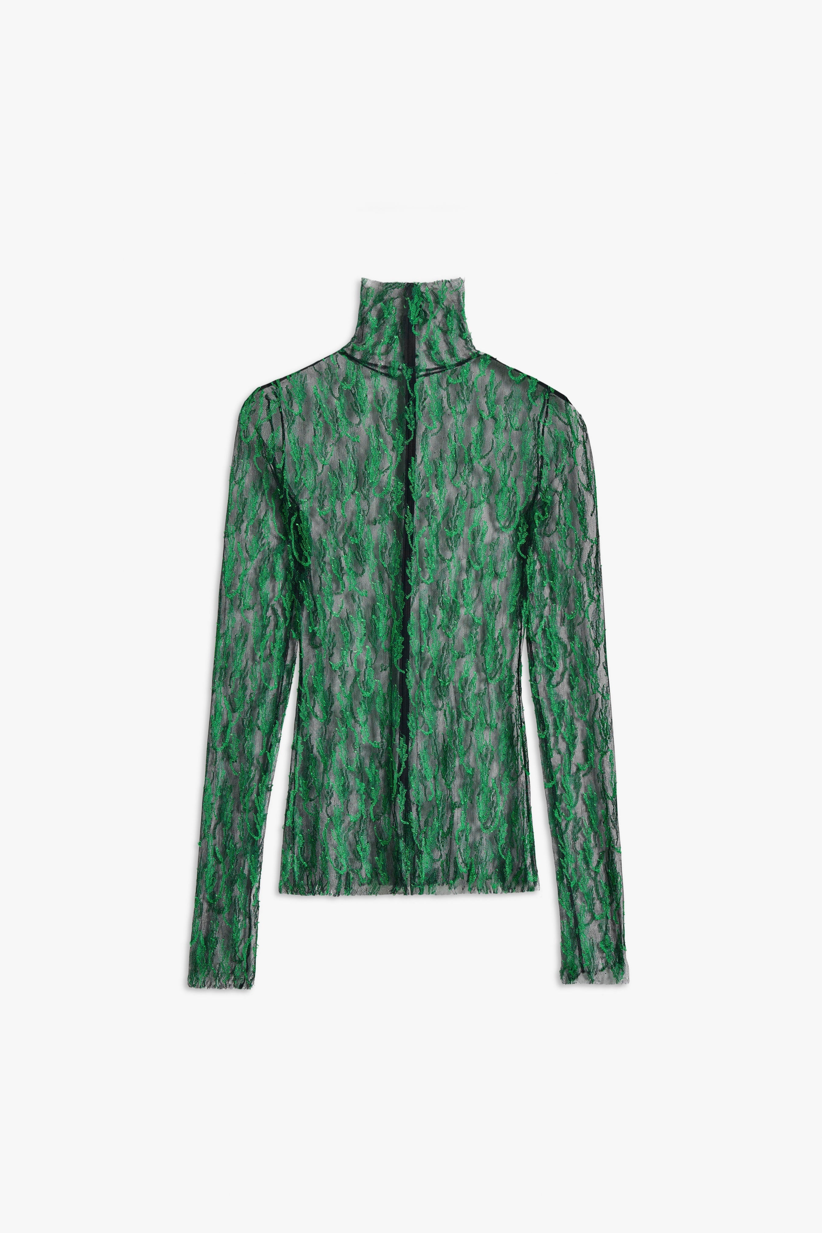 Embroidered Polo Neck Top in Black-Bright Green - 1