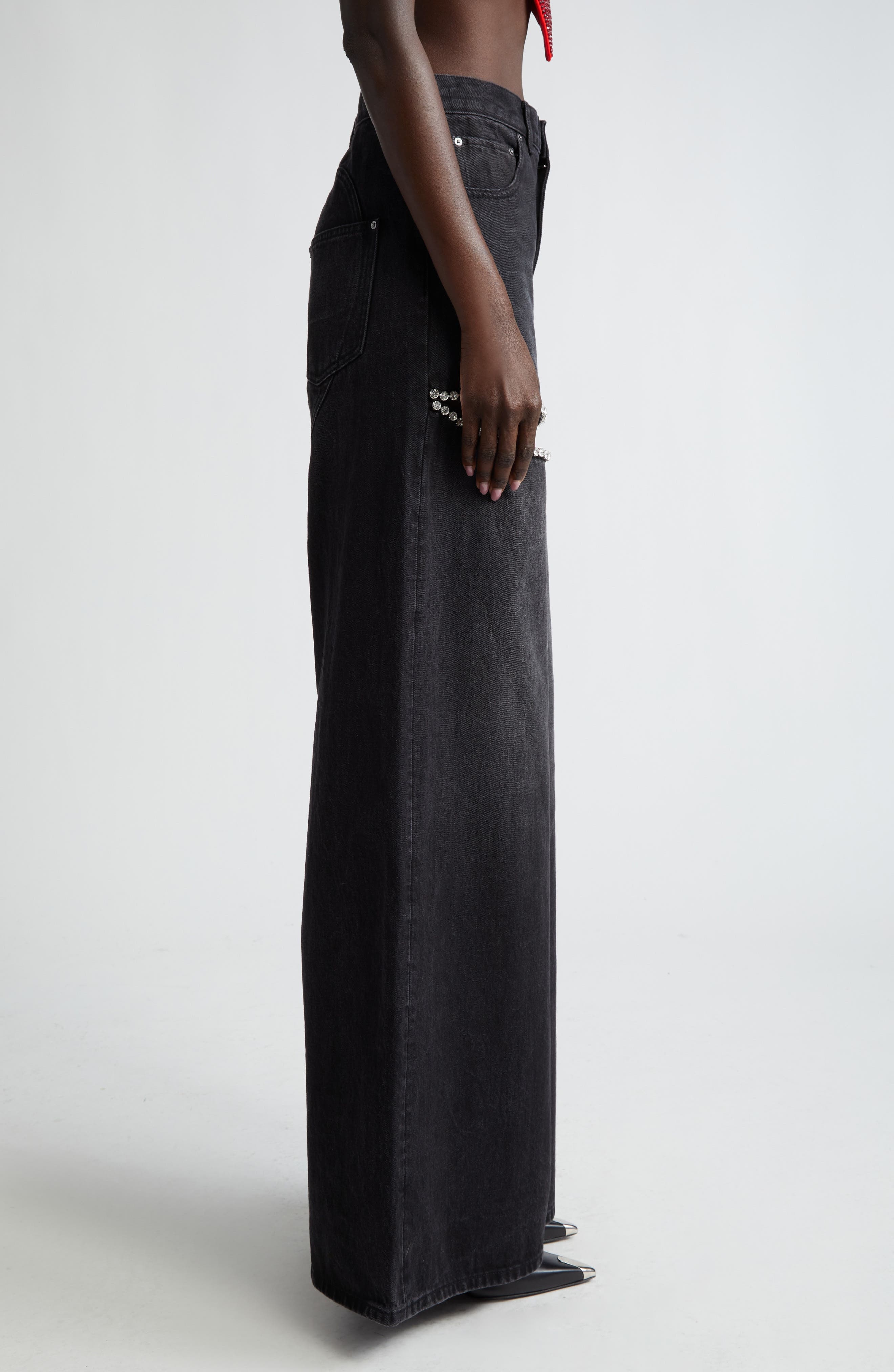 Crystal Embellished Cutout Wide Leg Jeans - 4