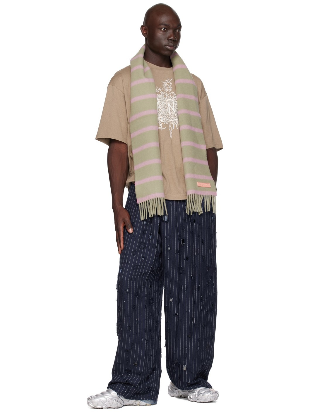 Khaki & Pink Narrow Fringe Scarf - 3