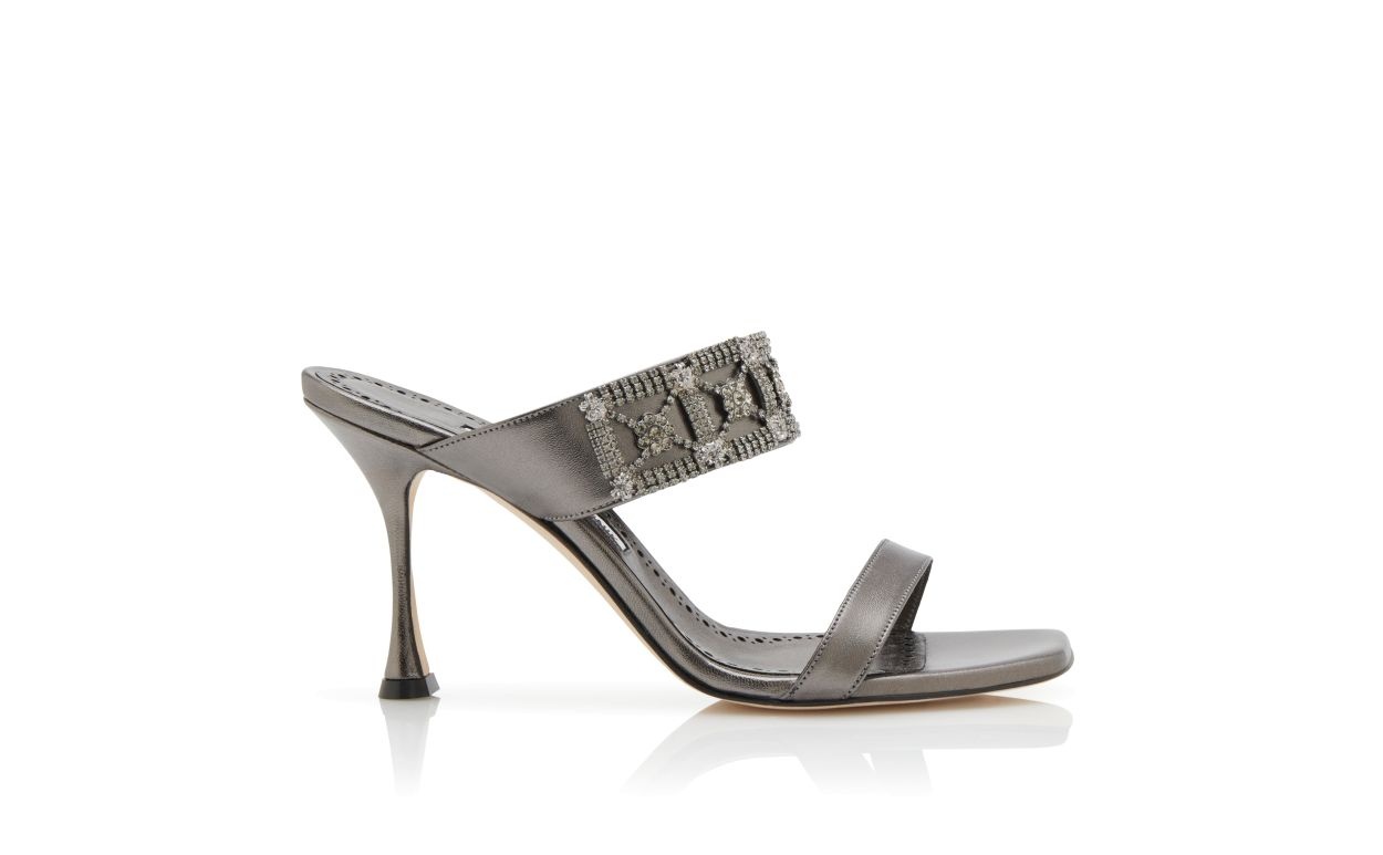 Grey Nappa Leather Embellished Mules - 1