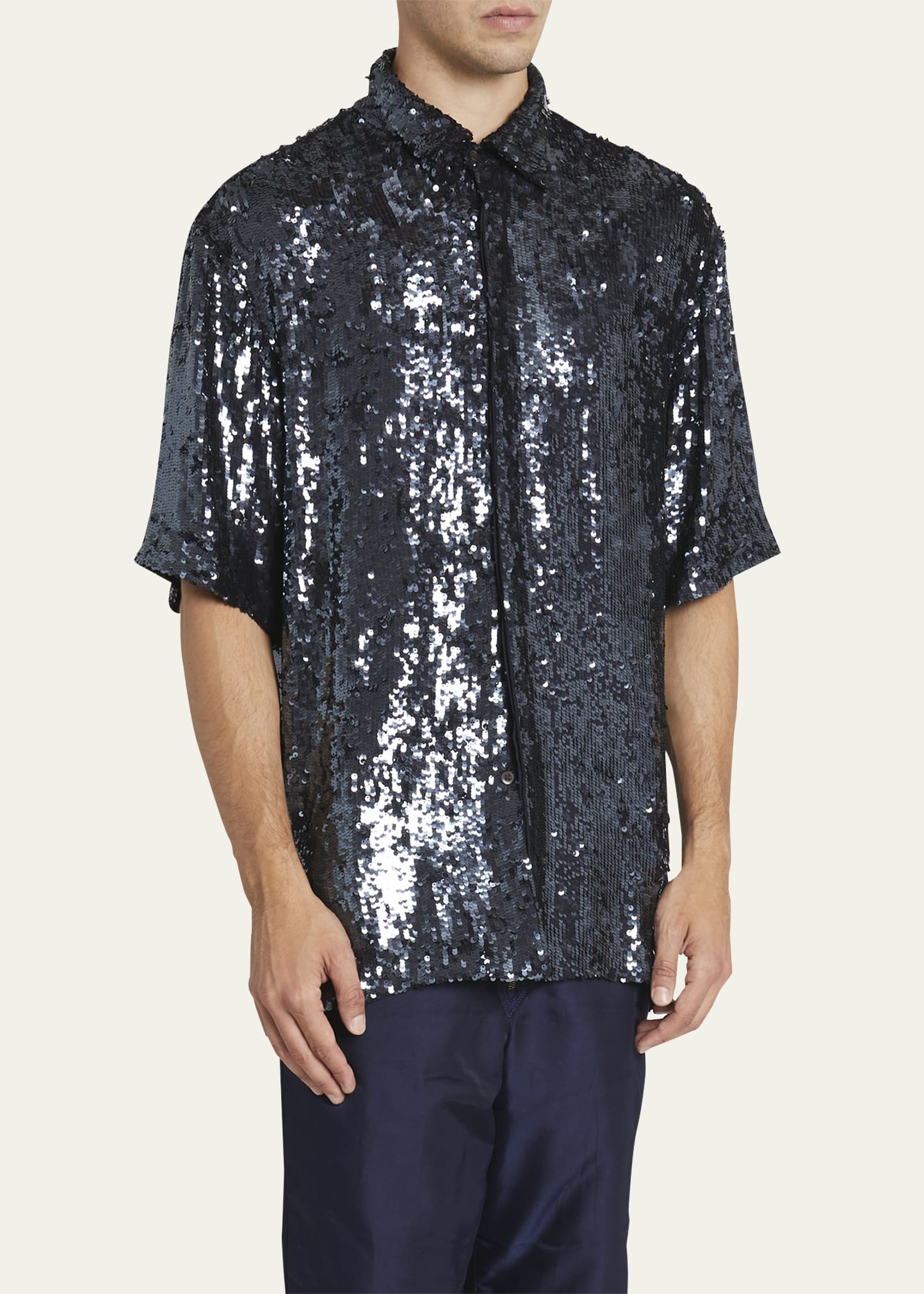 Men's Shiny Paillette Short-Sleeve Shirt - 4