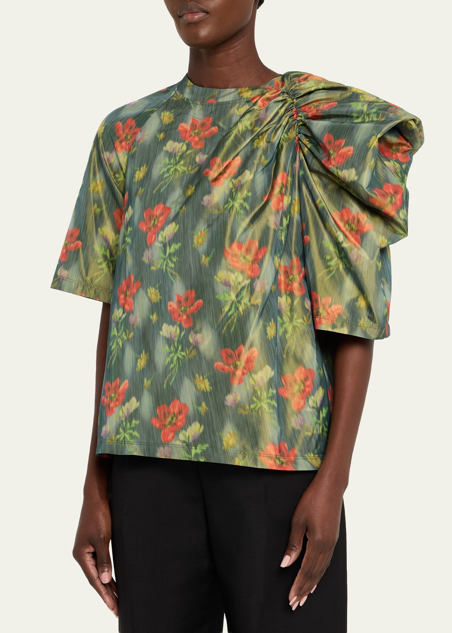 Floral Taffeta Asymmetric Puff Shoulder Top - 4
