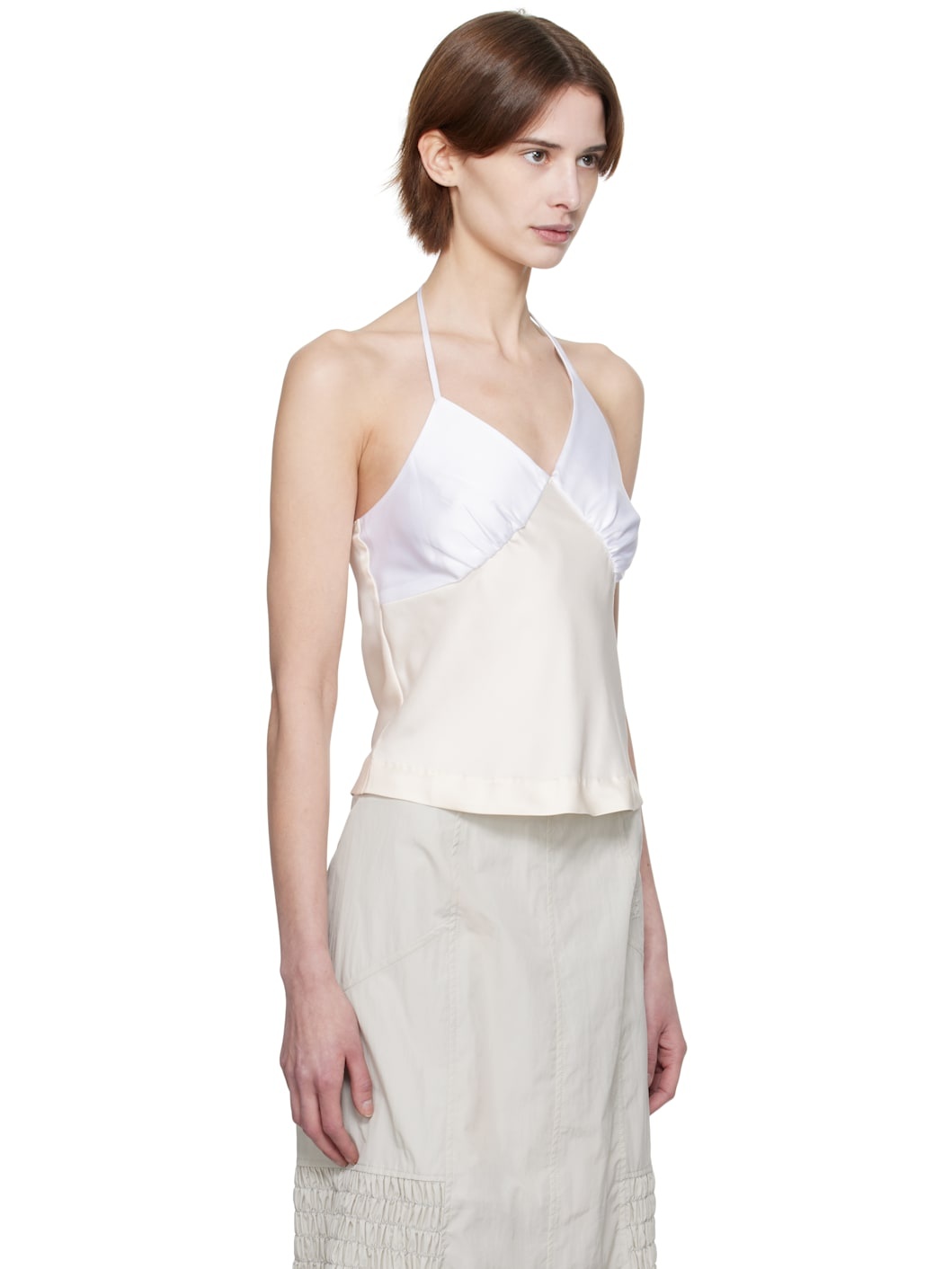 Off-White Satin Shirring Halter Top - 2