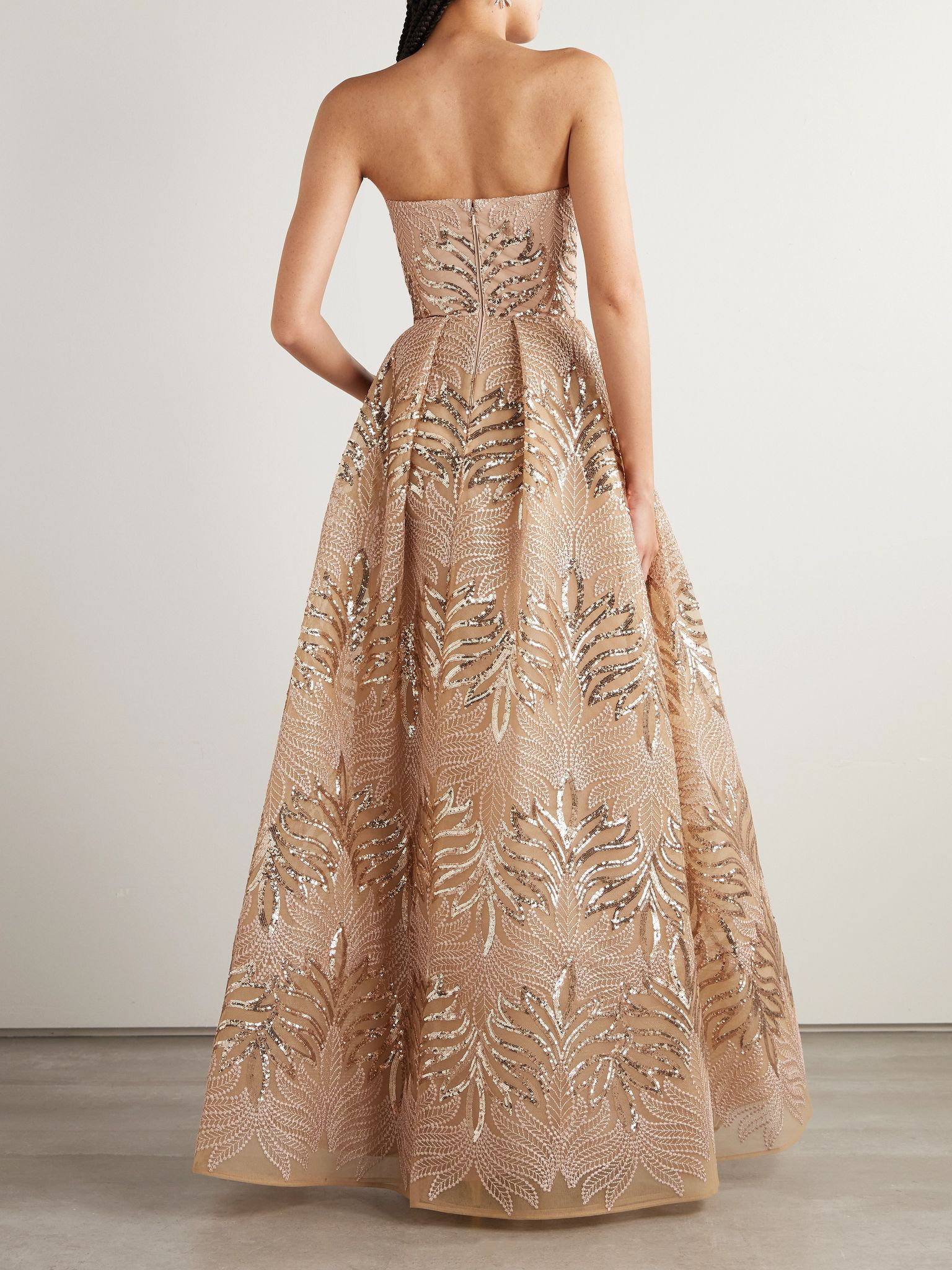 Pleated sequined embroidered tulle gown Beige - 3
