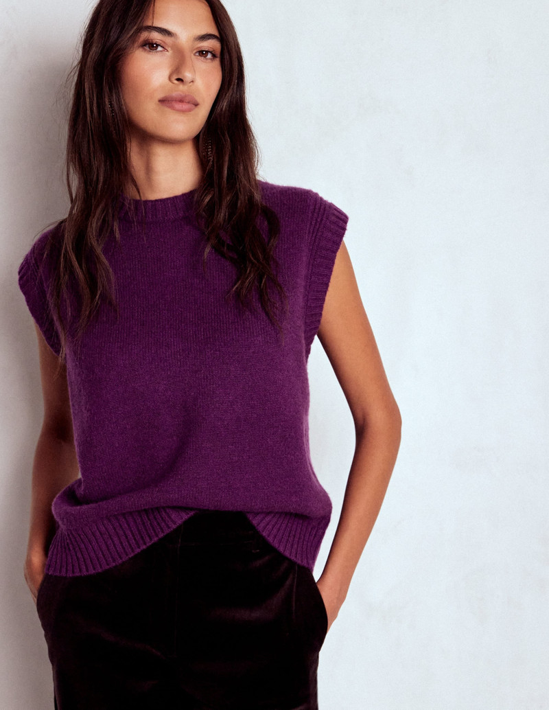 Cashmere Ribbed Trim Vest-Purple 1