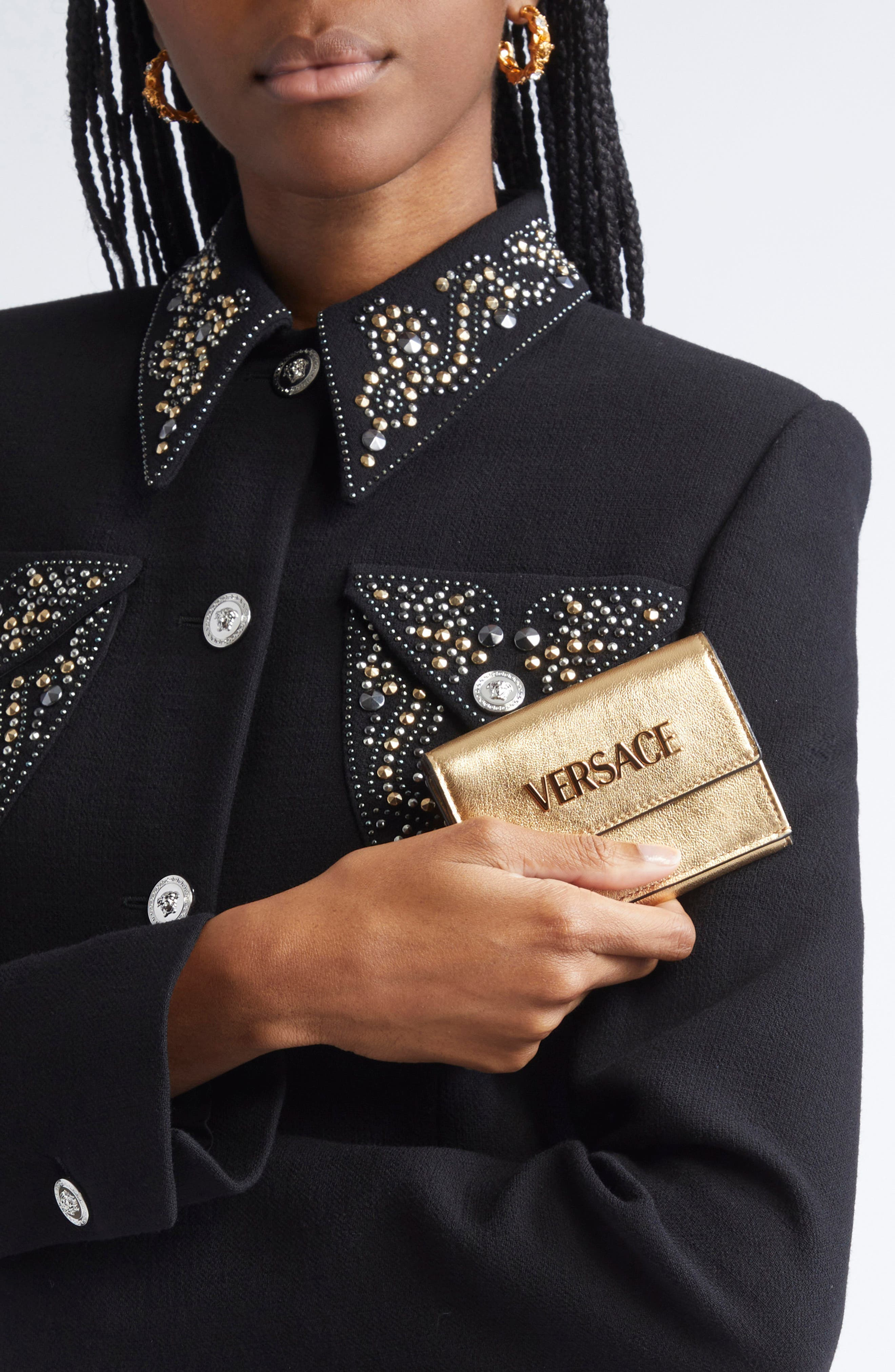 Versace Logo Metallic Leather Trifold Wallet in Mekong Gold Versace at Nordstrom - 3