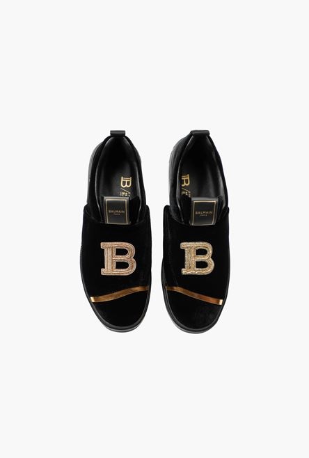 Black embroidered velvet B-Court sneakers with gold Balmain monogram - 4