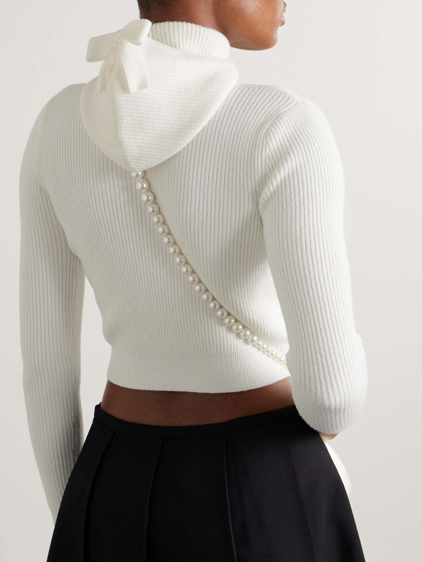 Hooded cropped bow-embellished ribbed wool-blend turtleneck sweater - 3