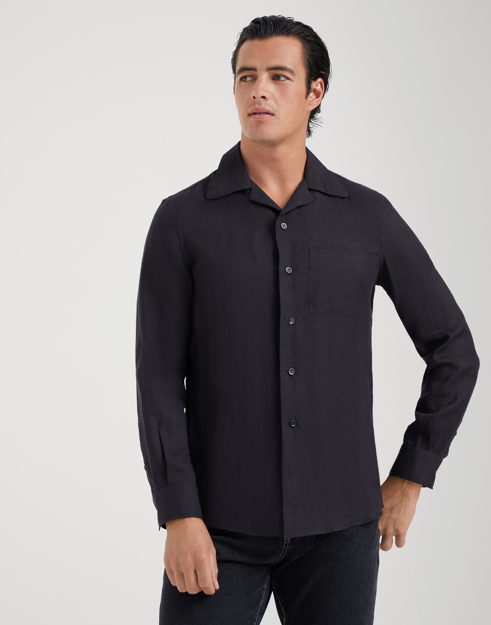 Linen easy fit shirt with camp collar and chest pocket - 1