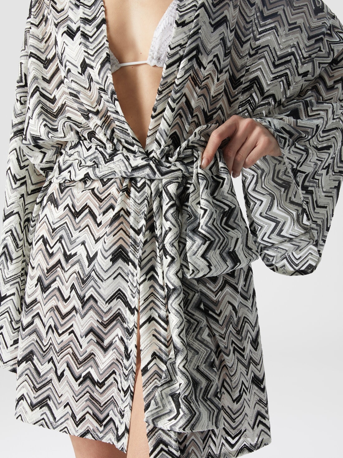 Slub zigzag viscose-blend cover-up kimono with belt - 5