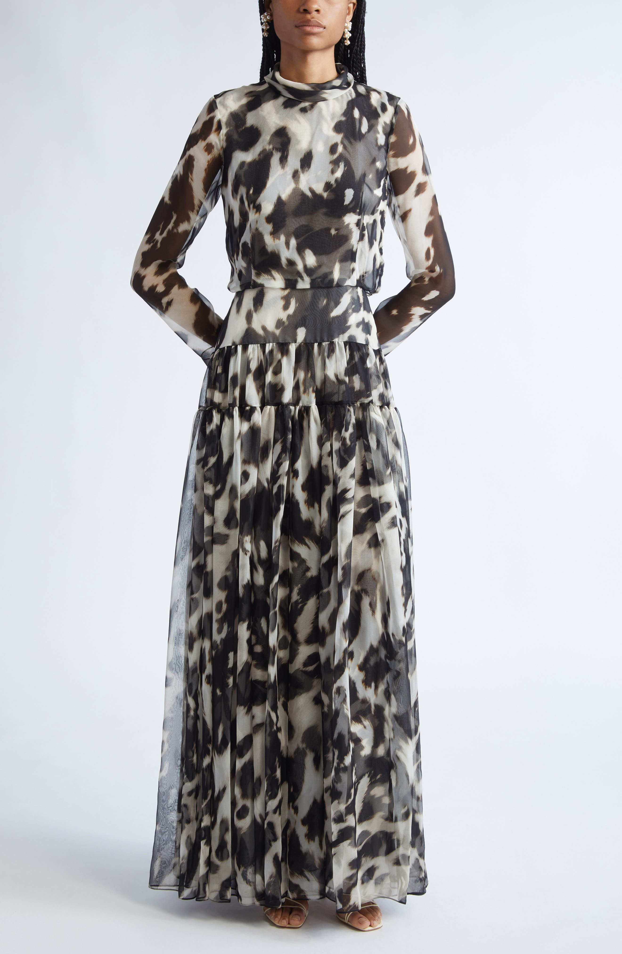 Oscar de la Renta Cow Print Long Sleeve Sheer Silk Dress in Ecru/Black at Nordstrom - 1