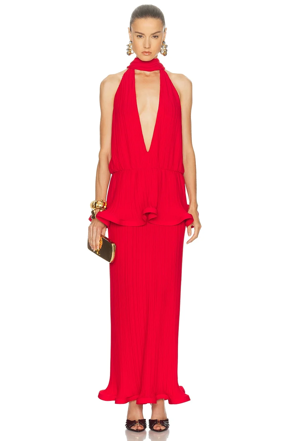 Plunge Neck Long Dress - 1