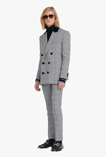 White and black glen plaid wool blazer with black velvet collar - 2