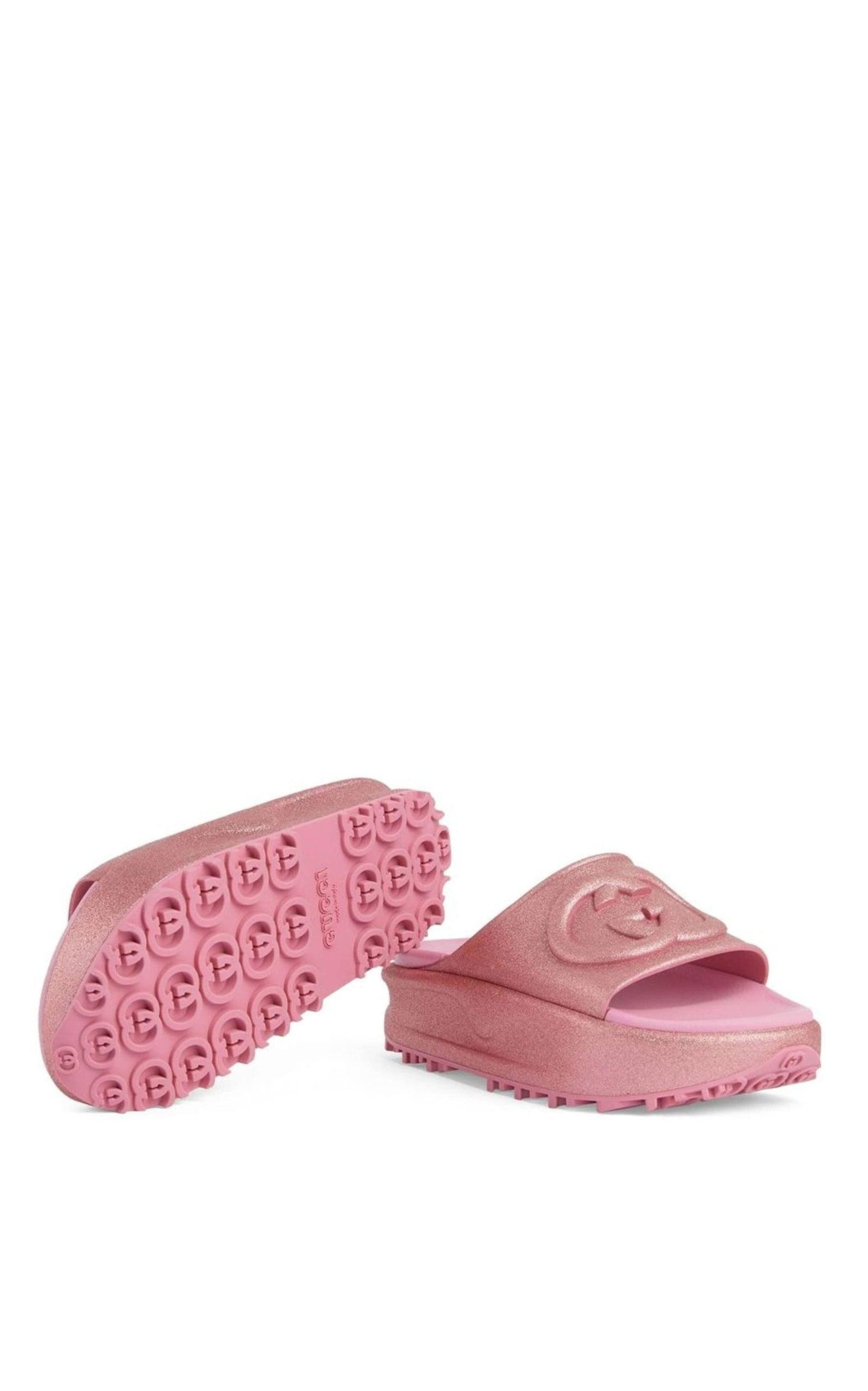 Miami GG-Embossed Glittered Rubber Platform Slides - 6