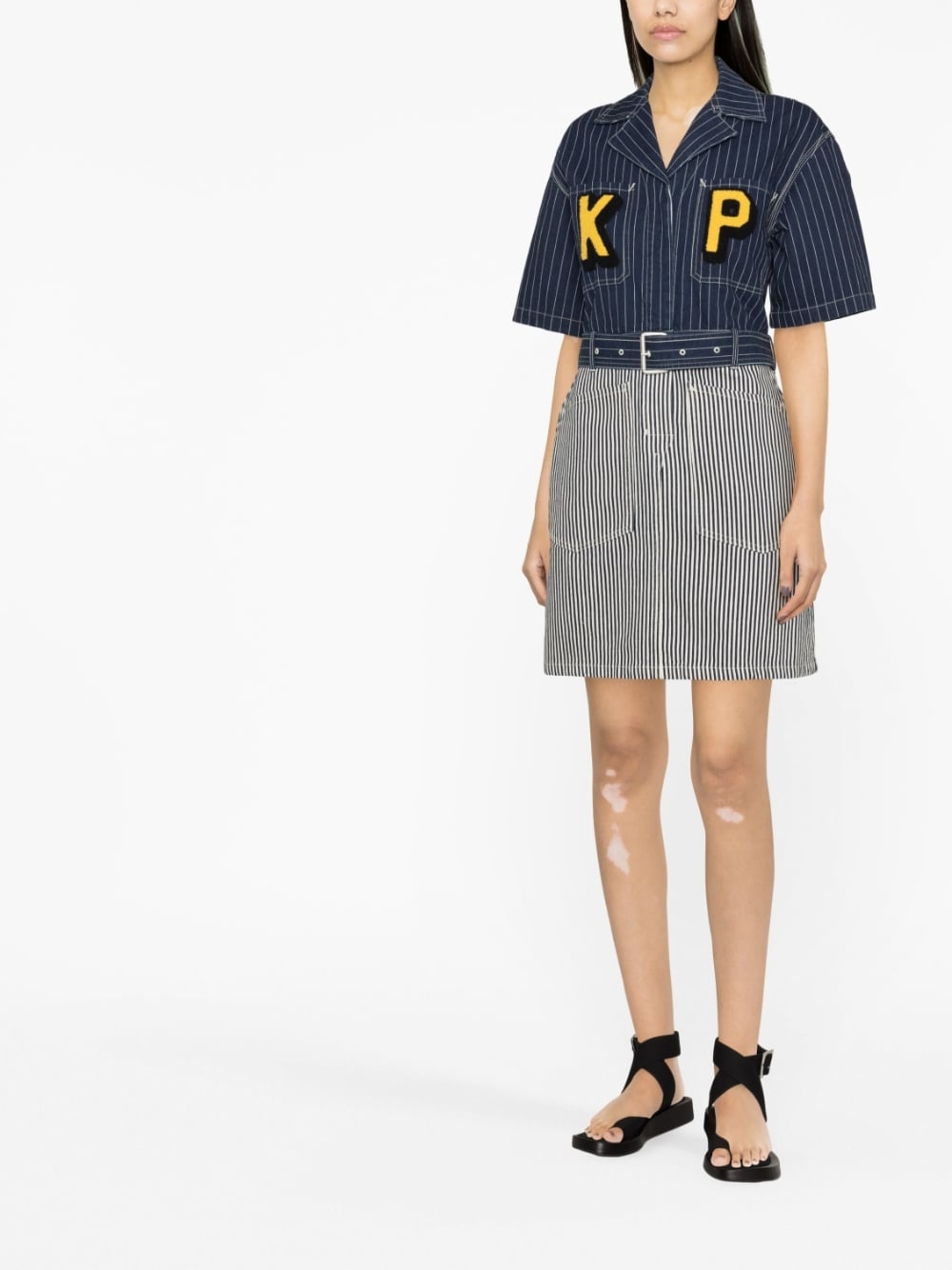 logo-patch striped denim shirtdress - 2