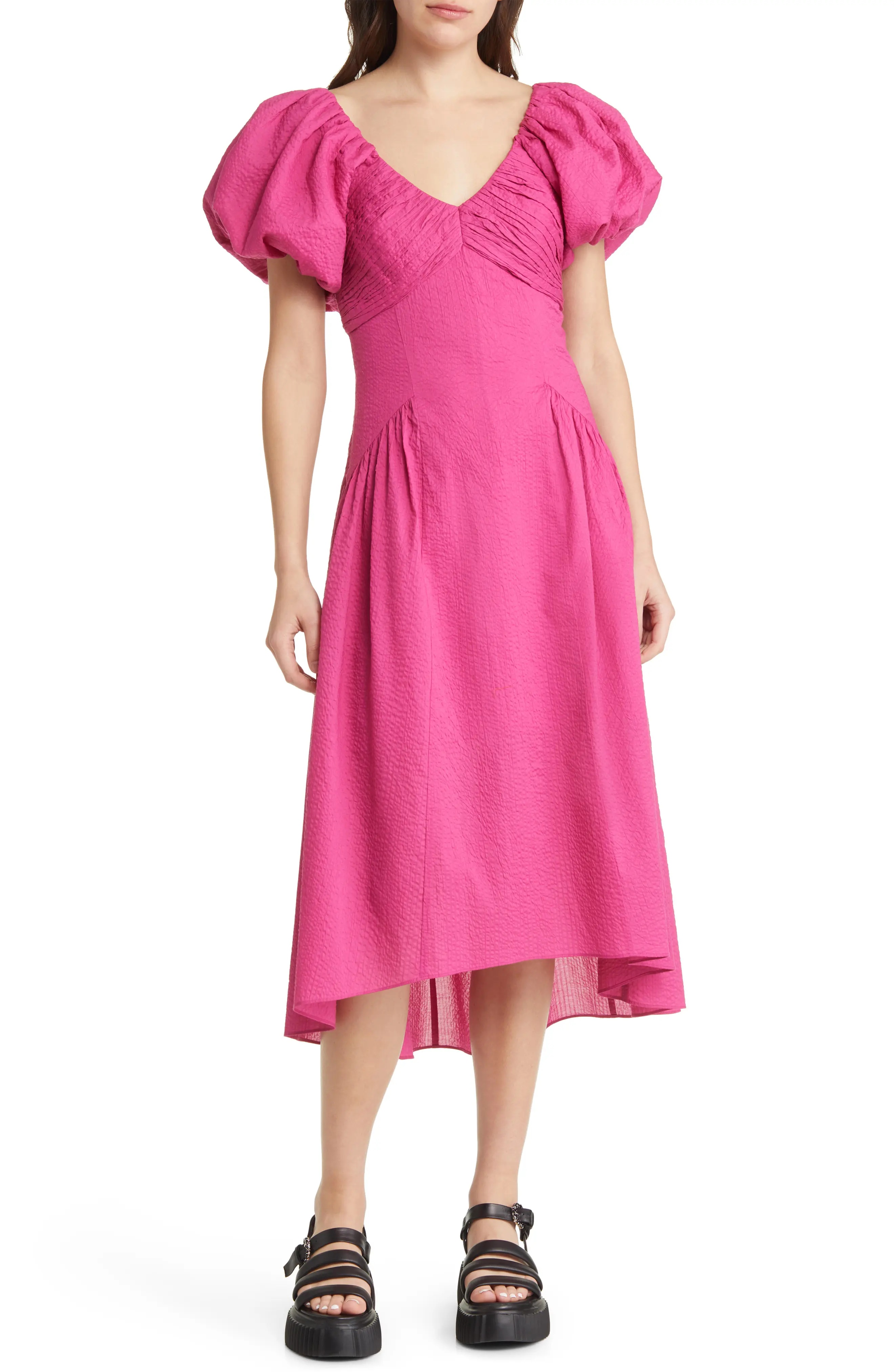 Puff Sleeve High-Low Cotton Dress - 1