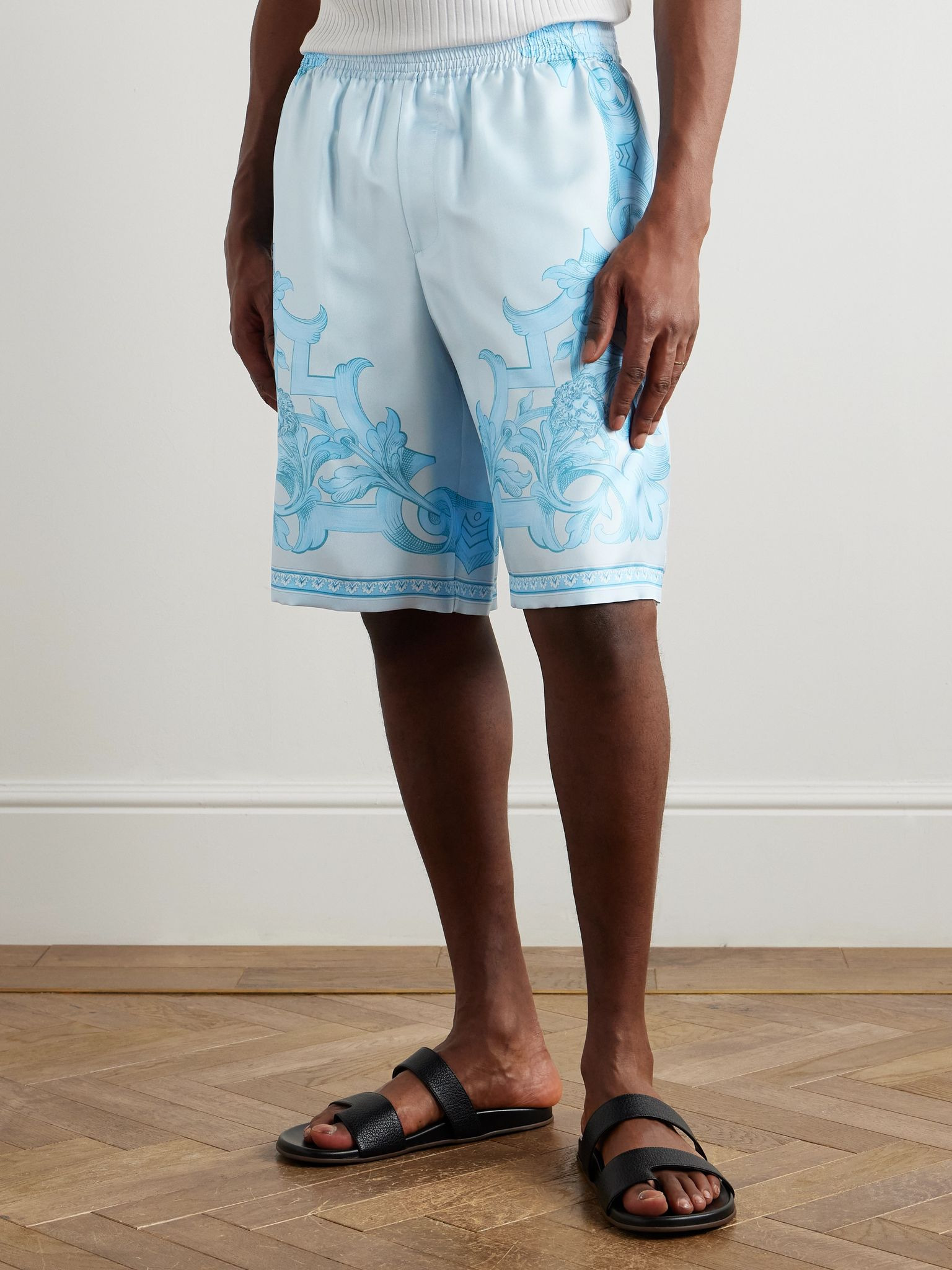 Straight-Leg Printed Silk-Twill Shorts Blue - 3