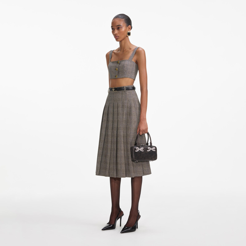 Brown Check Pleated 미디 스커트 2
