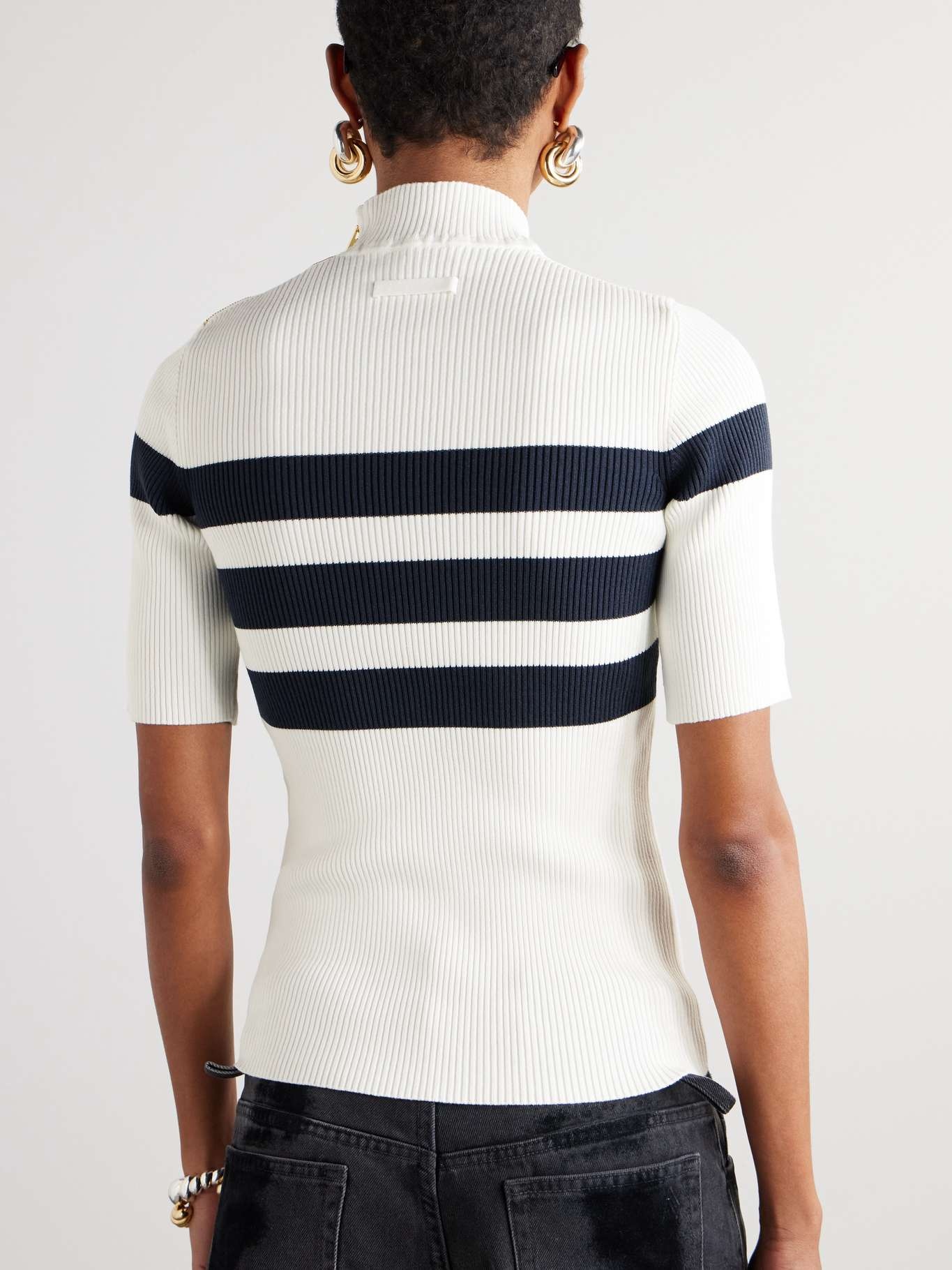 Embellished striped ribbed-knit turtleneck sweater White - 3