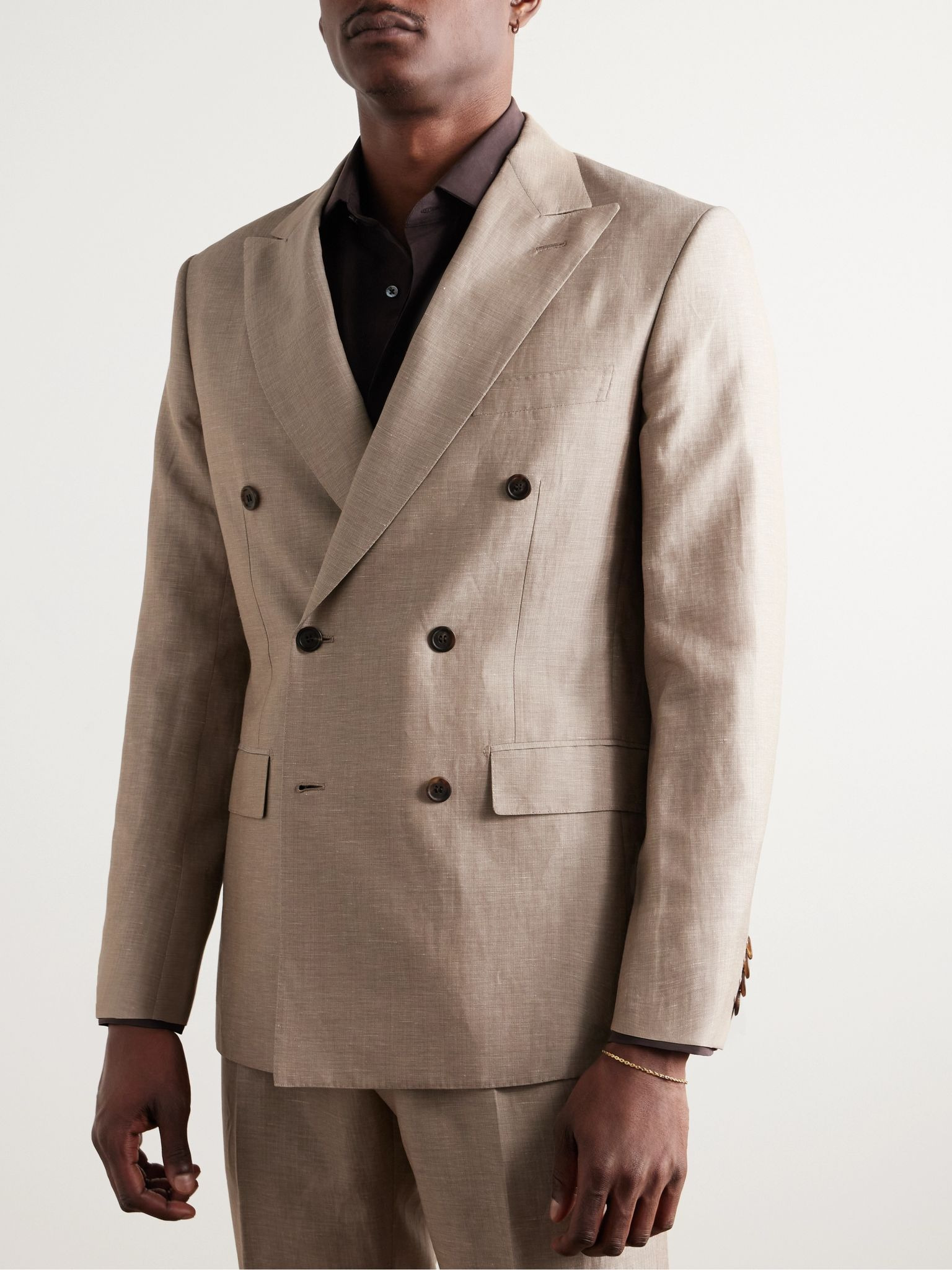 Slim-Fit Double-Breasted Wool, Linen and Silk-Blend Suit Neutral - 3