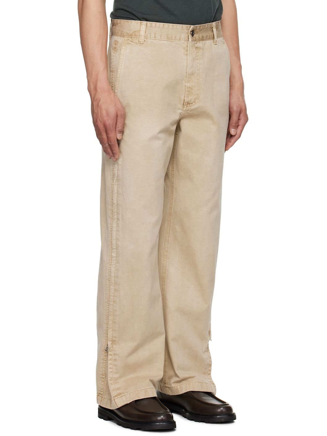 Beige Side Zipper Wide Trousers - 2