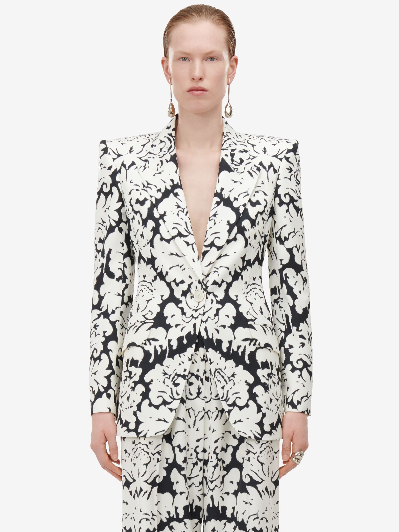 Women's Damask Single-breasted Jacket in Black/ivory - 5