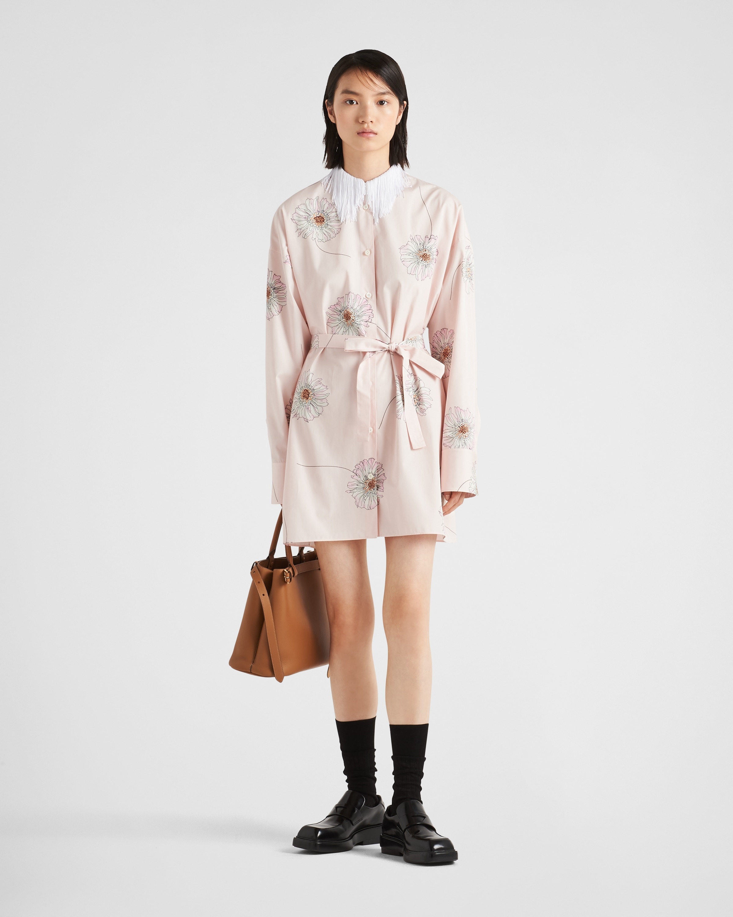 ワンピース PRADA Printed Silk Shirt Dress Prada Shirtdress White/Black Lace-Trim Printed Cotton Size