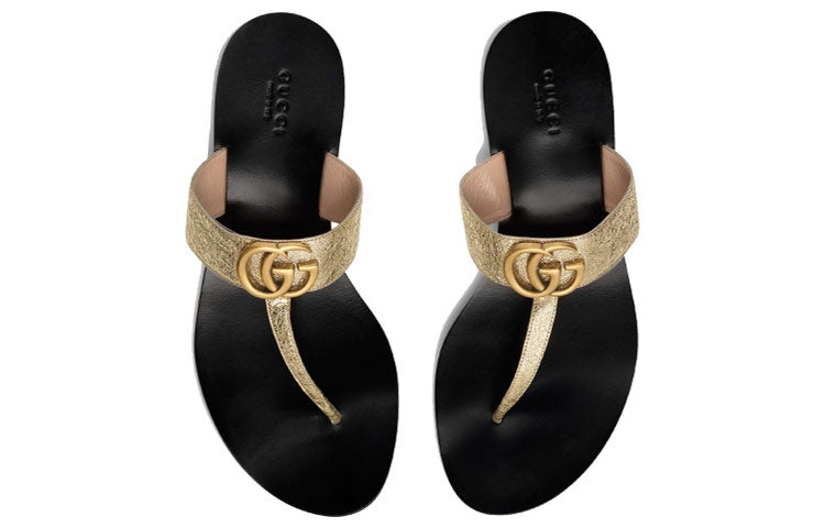 (WMNS) Gucci Double g Metallic Leather Gold Color Slippers 497444-0B7N0-7100 - 4