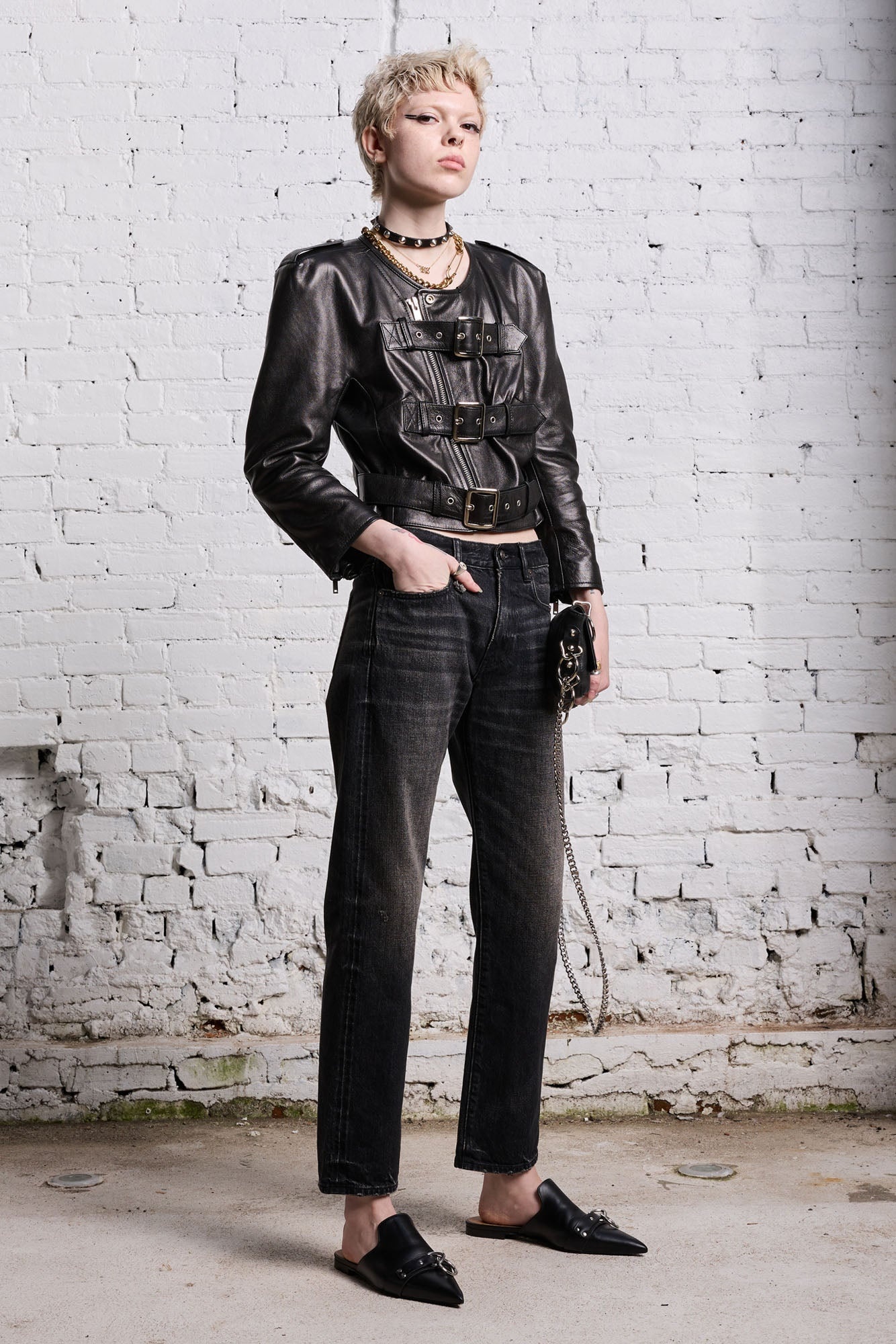 BELTED MOTORCYCLE JACKET - BLACK - 3