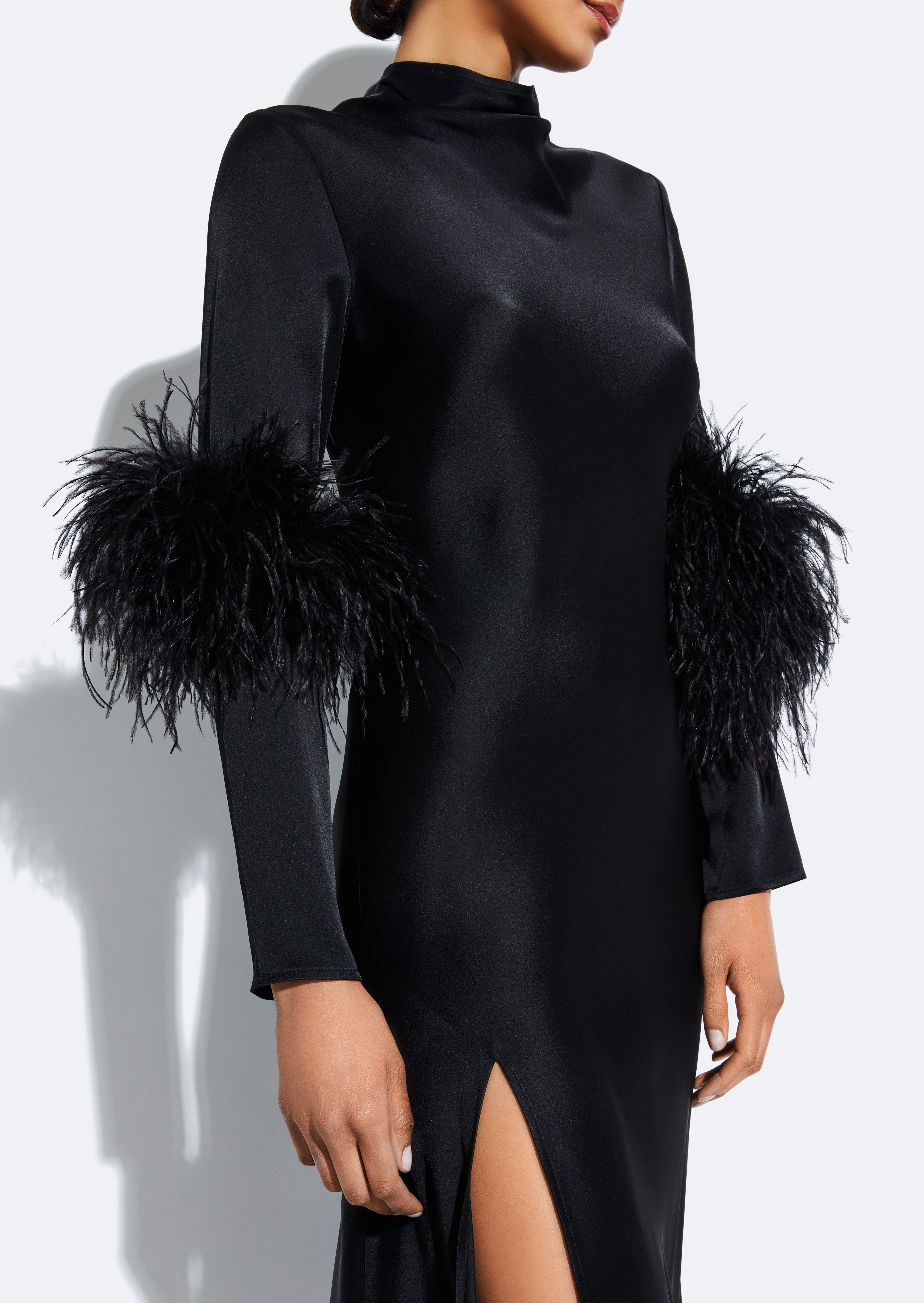 Satin Draped Neck Bias Dress With Feathers - 4