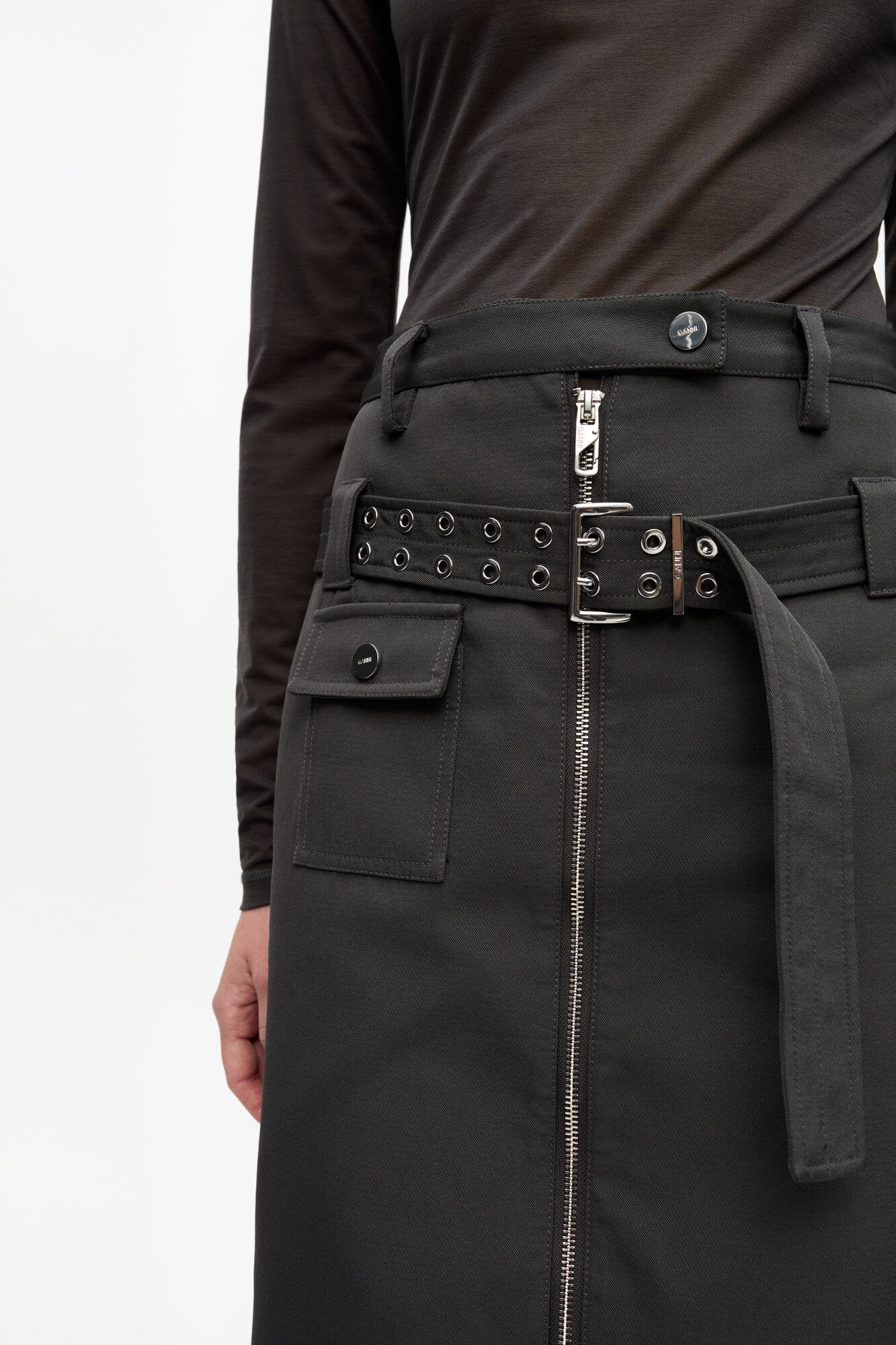 BLACK HEAVY TWILL MIDI SKIRT - 5