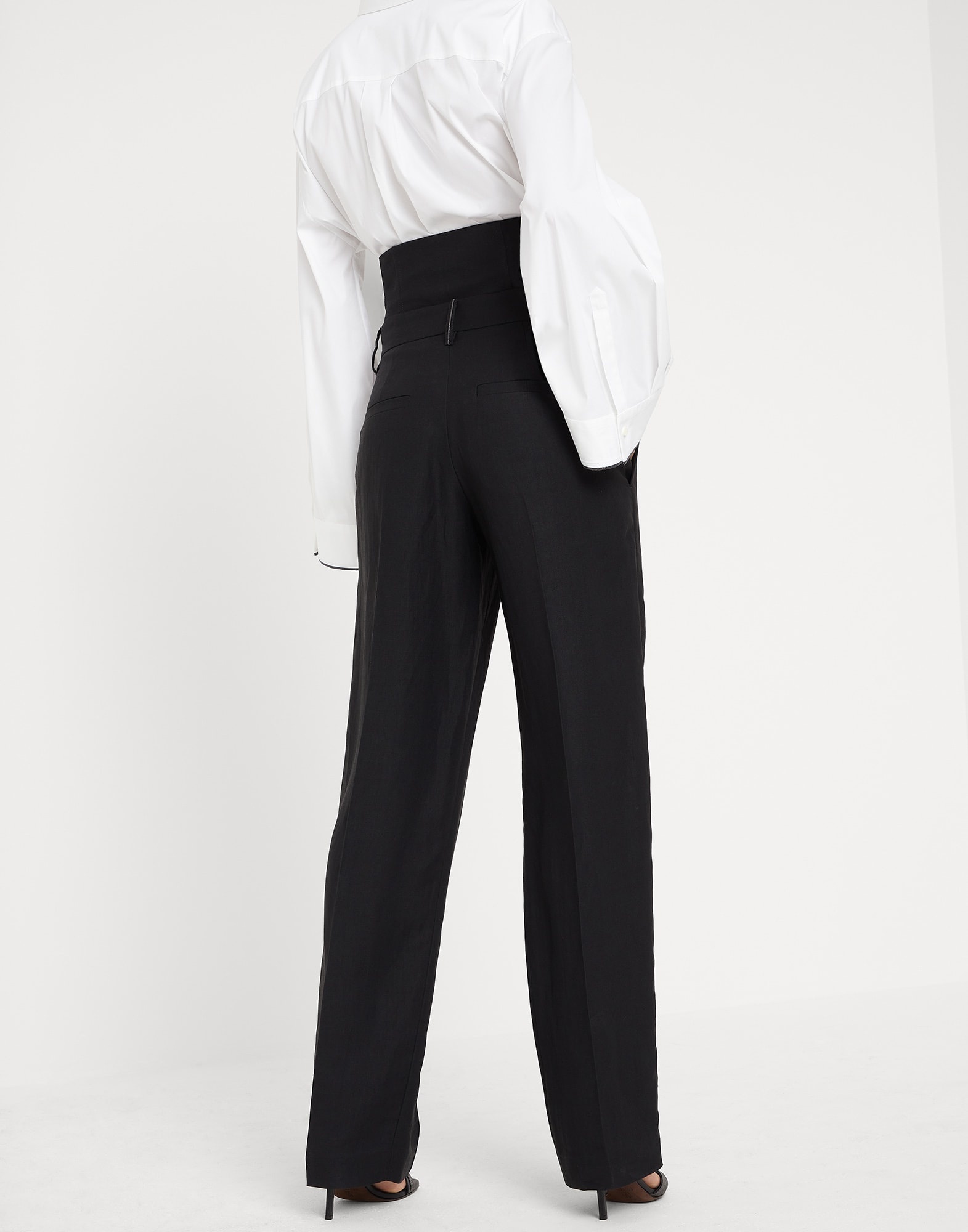 Viscose and linen fluid twill loose straight trousers with removable corset waistband and monili - 2