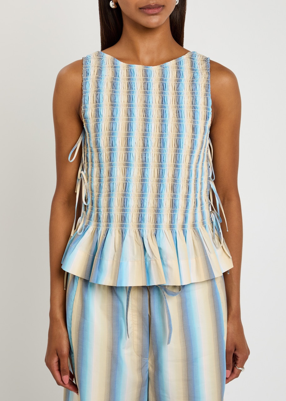 Ganni Ombre Stripe Smocked Cotton-poplin top - 2