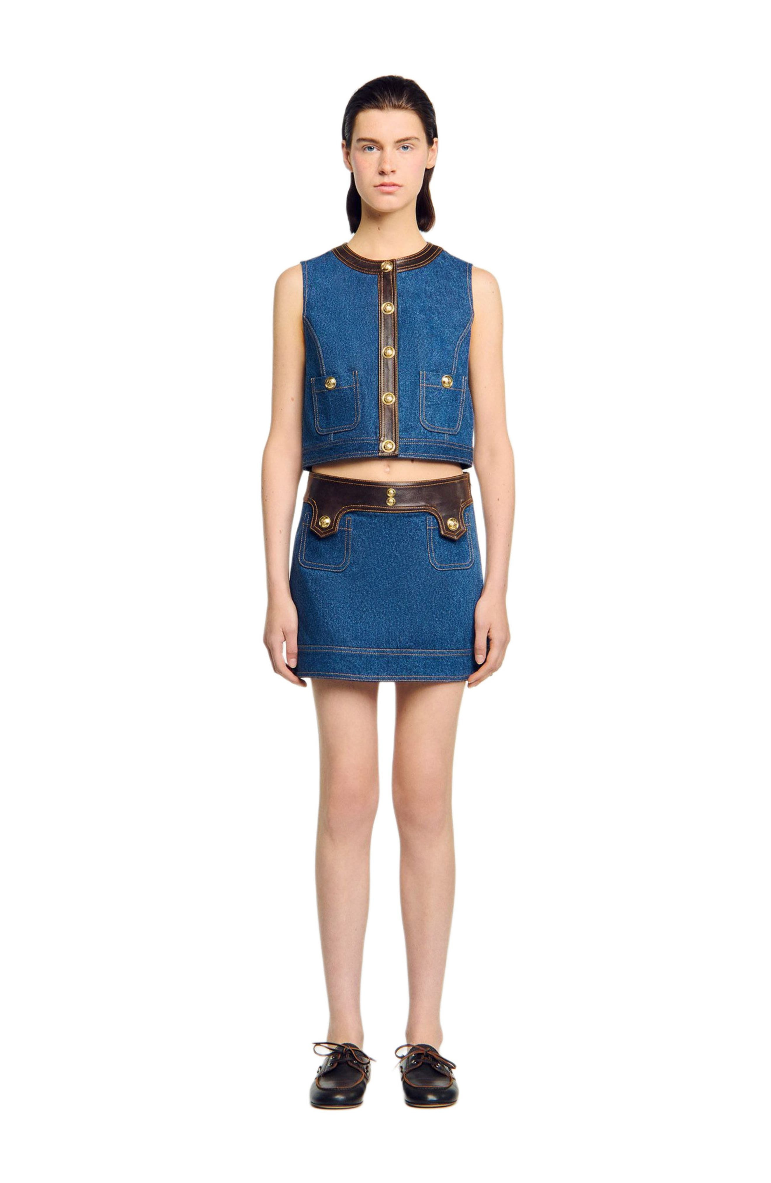 SANDRO Denim and leather top in Dark Blue at Nordstrom - 3