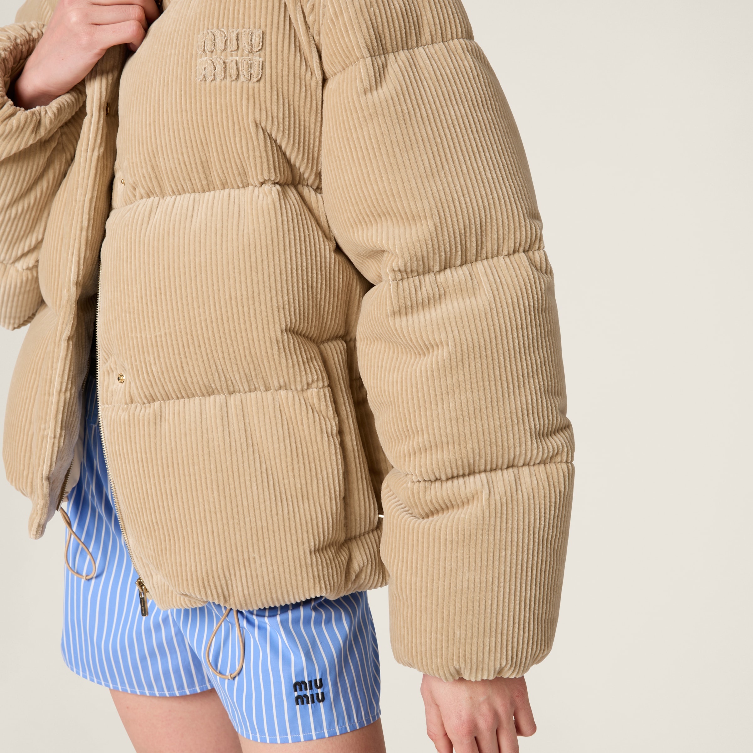 関税込 MiuMiu Medium-weight corduroy down jacket Miu Miu Medium-Weight Corduroy Down Jacket in Brown | Lyst
