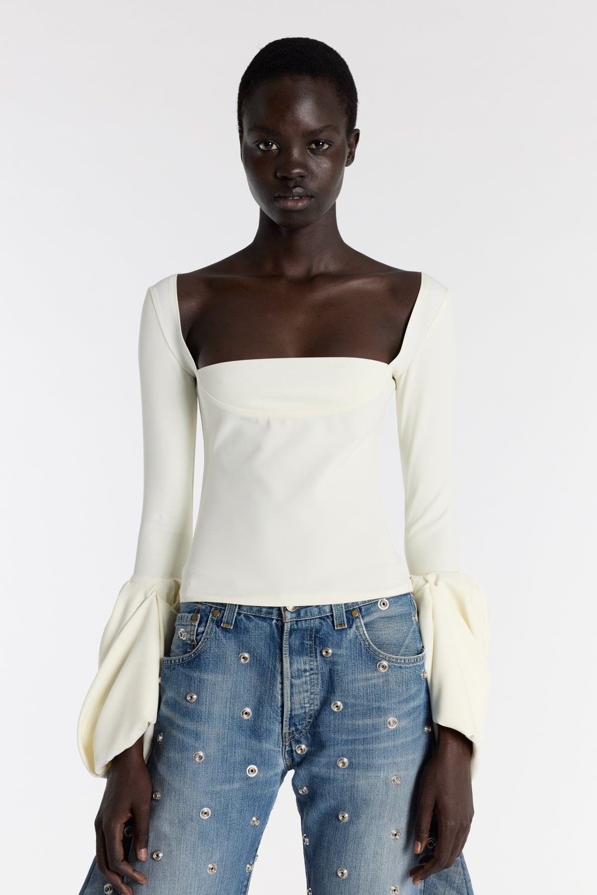 TOP WITH SQUARE DECOLLETE AND PUFF CUFFS IVORY - 2