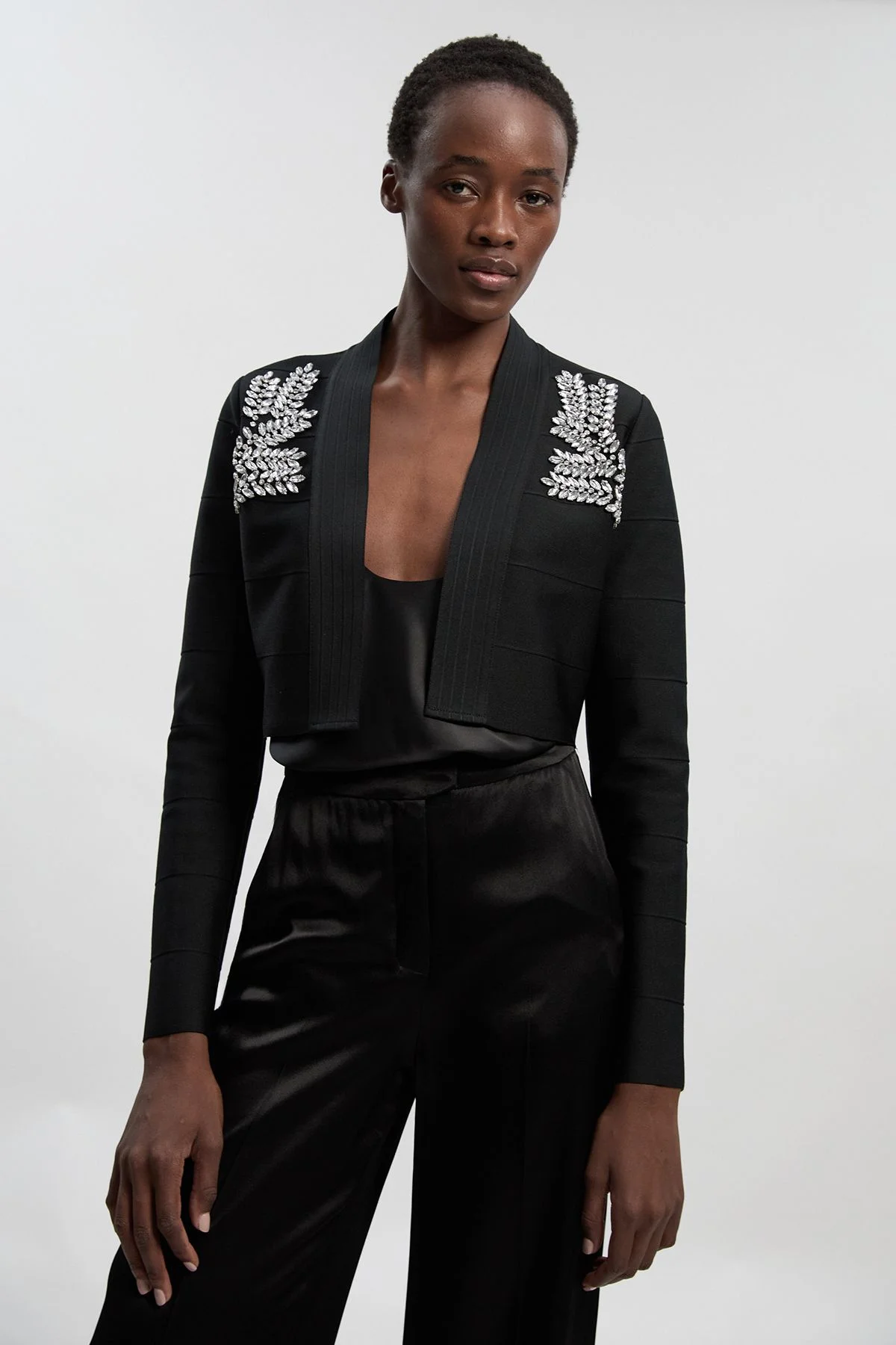 Figure Form Bandage Embellished Crop Knit Jacket - 1
