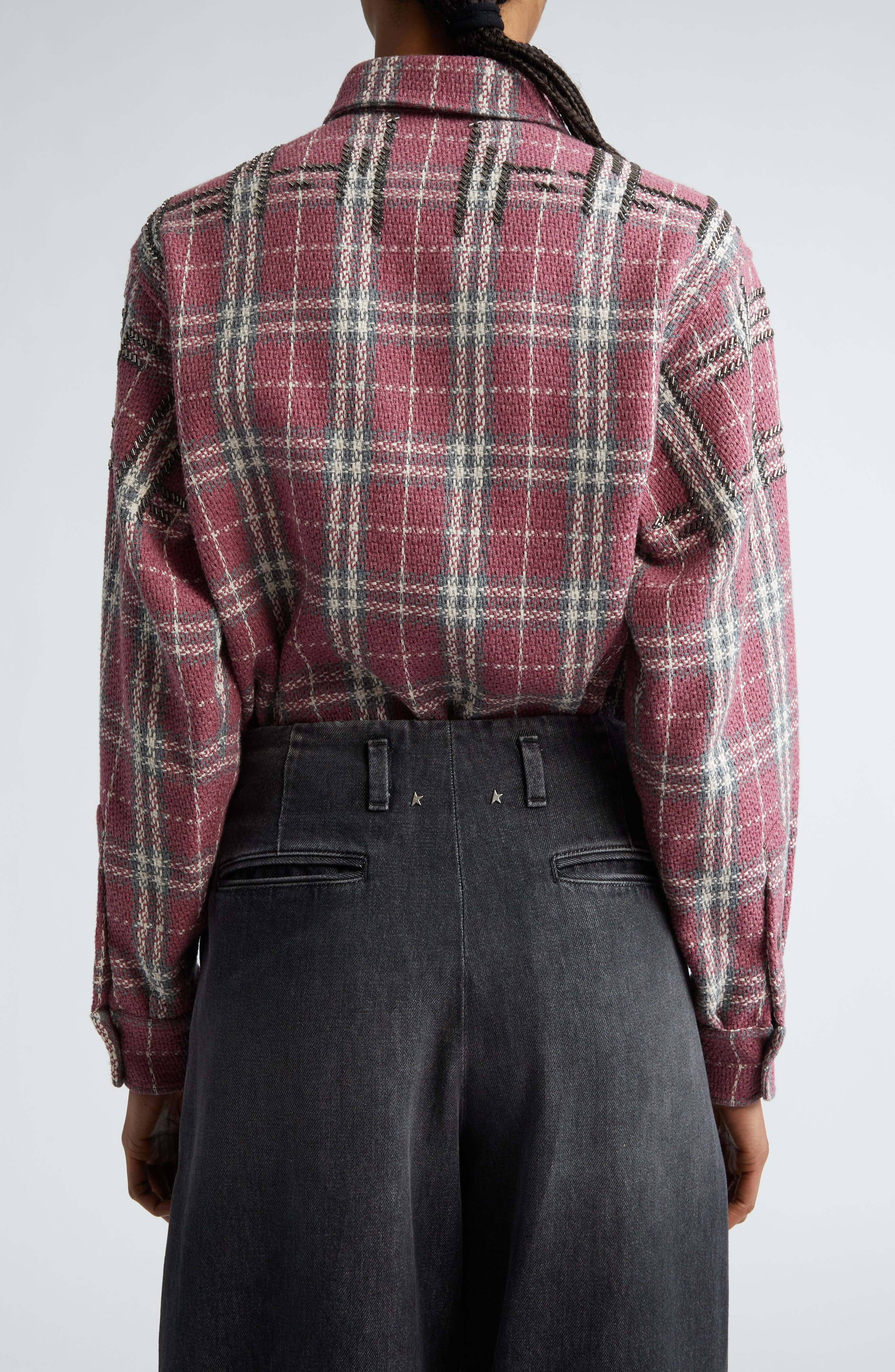 Golden Goose Journey Beaded Plaid Cotton Overshirt in Crushed Berry/Sandshell/Grey at Nordstrom - 3