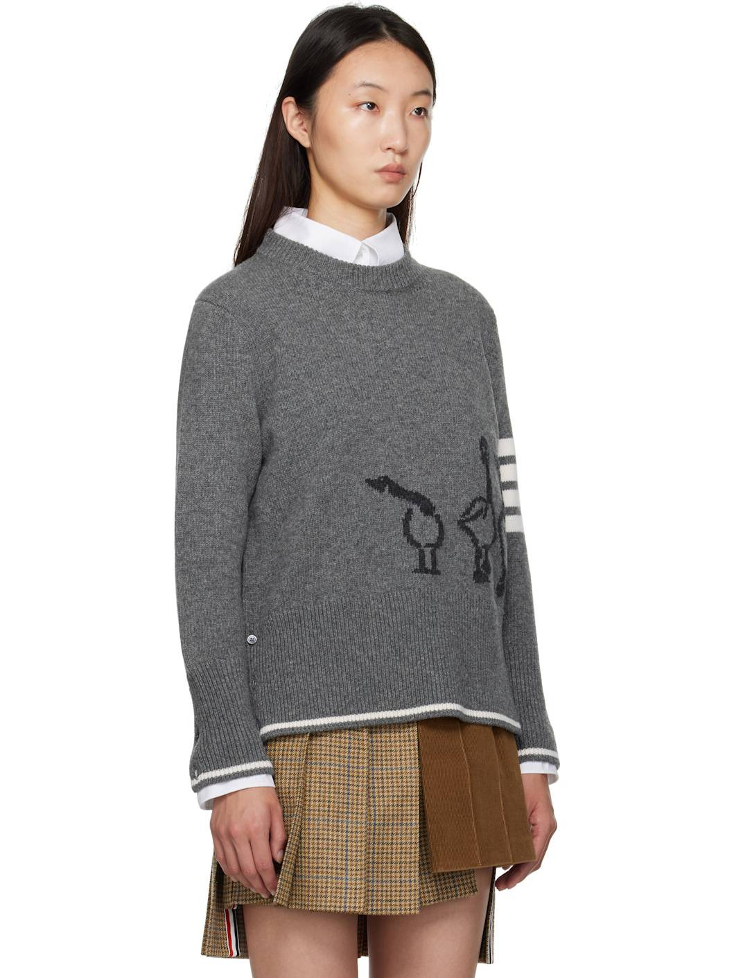 Gray Fine Merino Intarsia Geese 4-Bar Sweater - 2